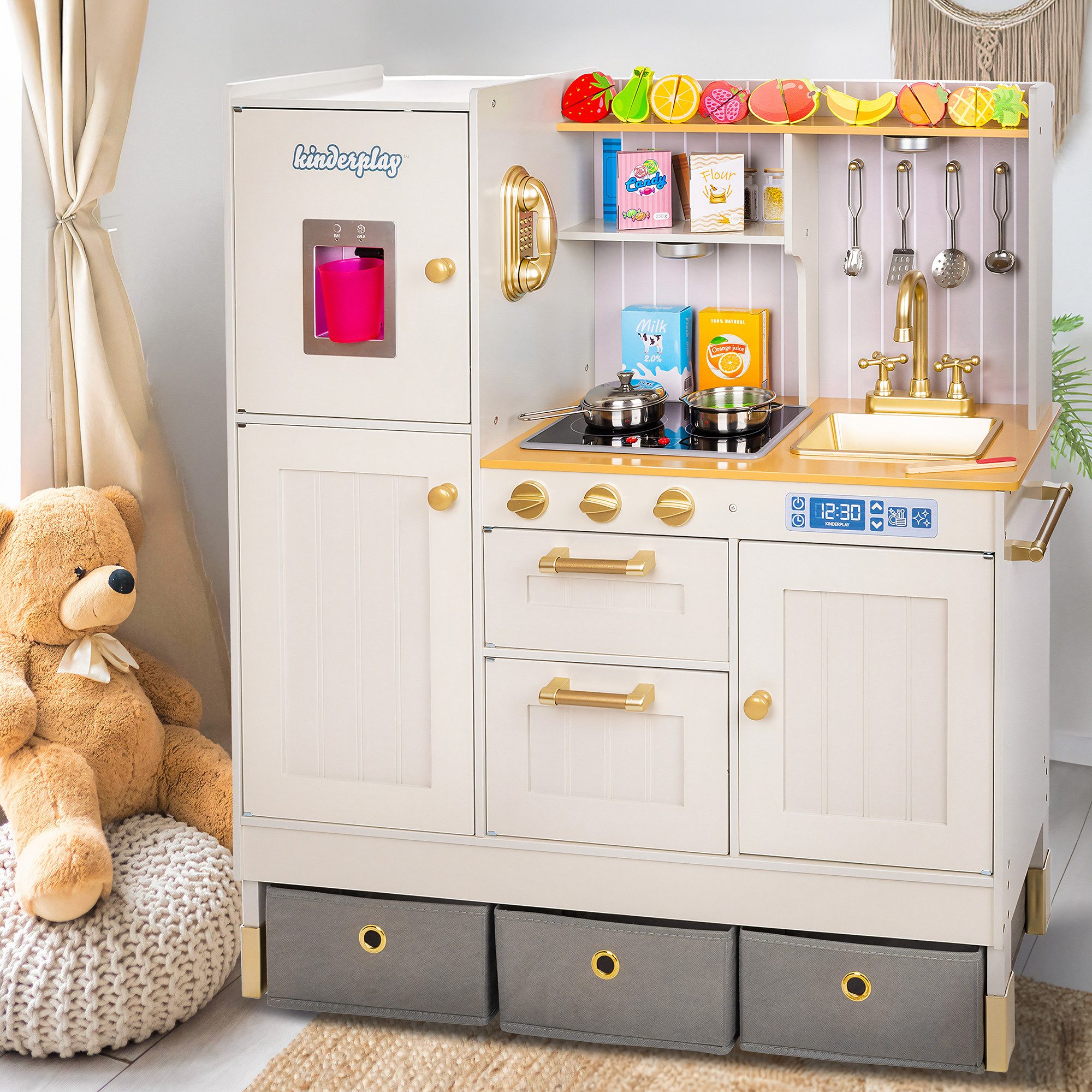 Green Series Spielküche Kinder Holzspielküche – LED & Sound – Verstellbare Höhe – Zubehör Holz, aus Holz