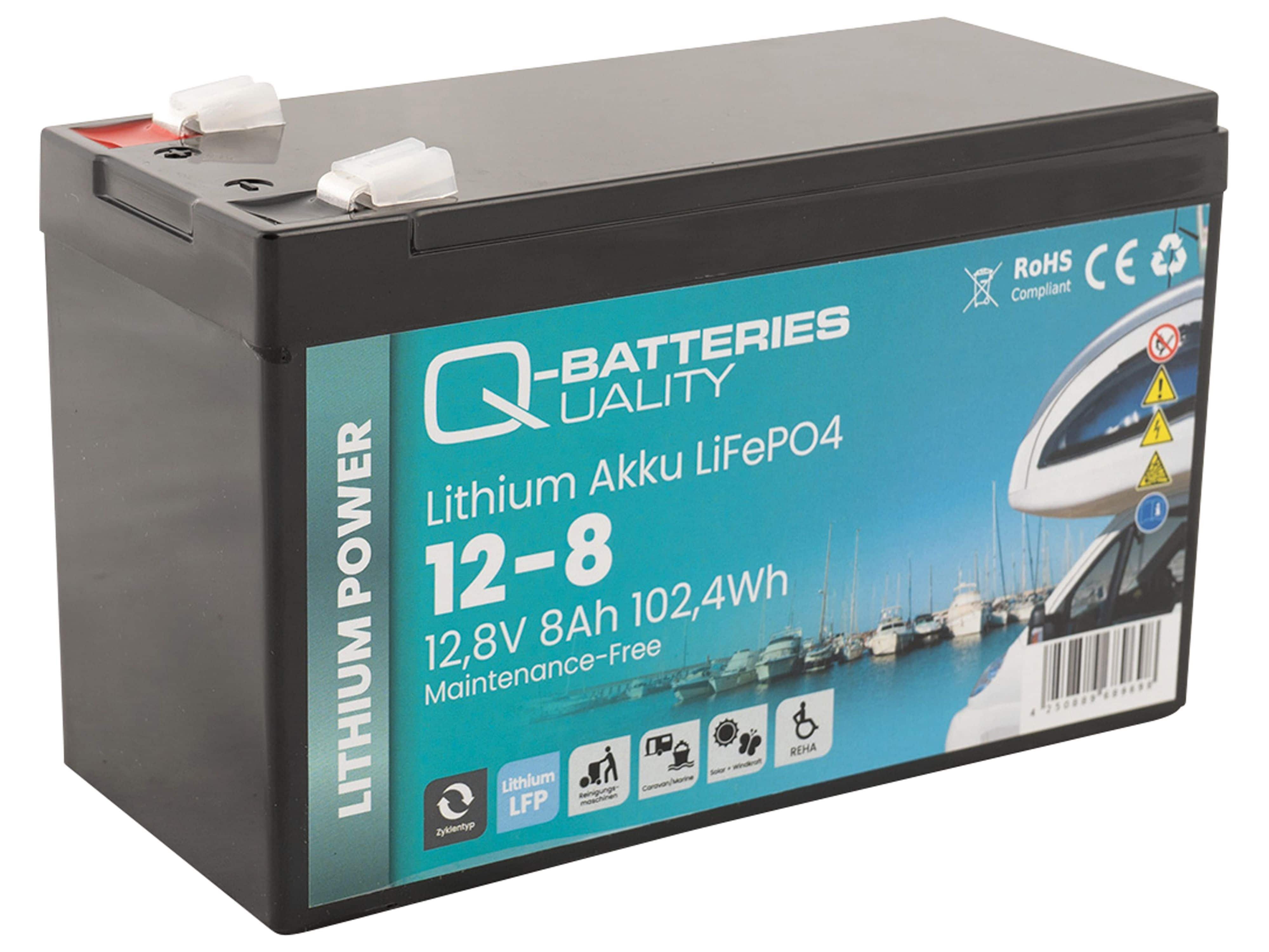 12,8V Q-BATTERIES 8Ah, Akku Batterie 102,4Wh 12-8 Q-Batteries Lithium