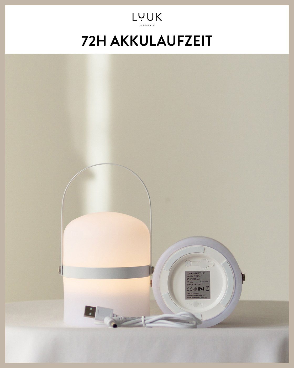 Außen-Tischleuchte LUUK USB Leuchtdauer, Dimmfunktion, Ein-/Ausschalter, LED mit wiederaufladbare Griff, Sävar, fest LIFESTYLE Std. Lampe, Tragbar Warmweiß, spritzwasserfest aufladbar Helligkeitsstufen, integriert, dimmbar, IP44, mehrere 72 LED LED