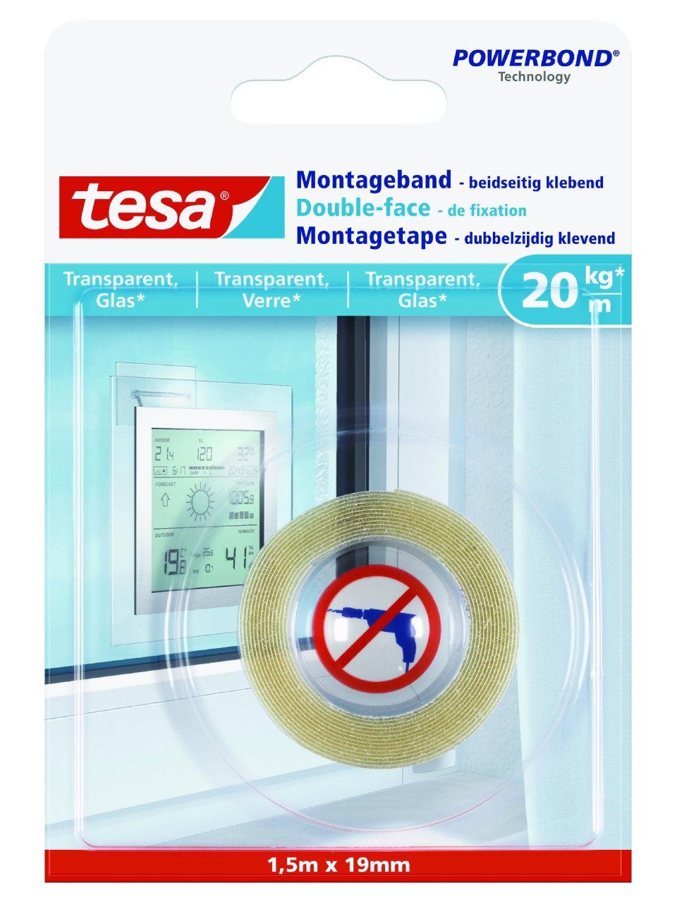 Klebehaken tesa Montageband 1,5 m x 19 mm, transparent