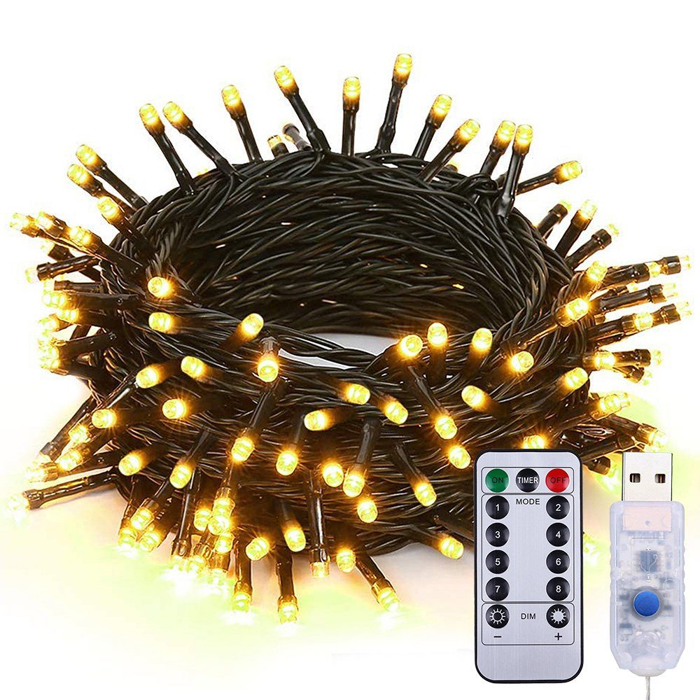 Rosnek LED-Lichterkette 5-10M 50-100 LEDs Vorhang LED Lichterkette Weihnachtsbaum Light, Wasserdicht, 8 Modi,mit Fernbedienung Warmes Weiß