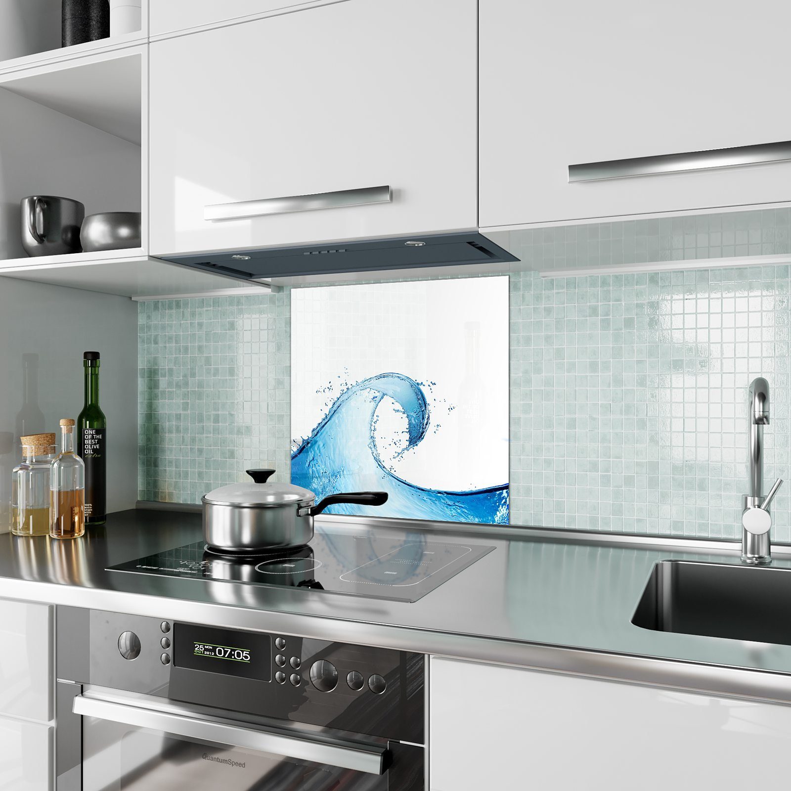 Primedeco Küchenrückwand Wasserwelle Glas Blaue Spritzschutz