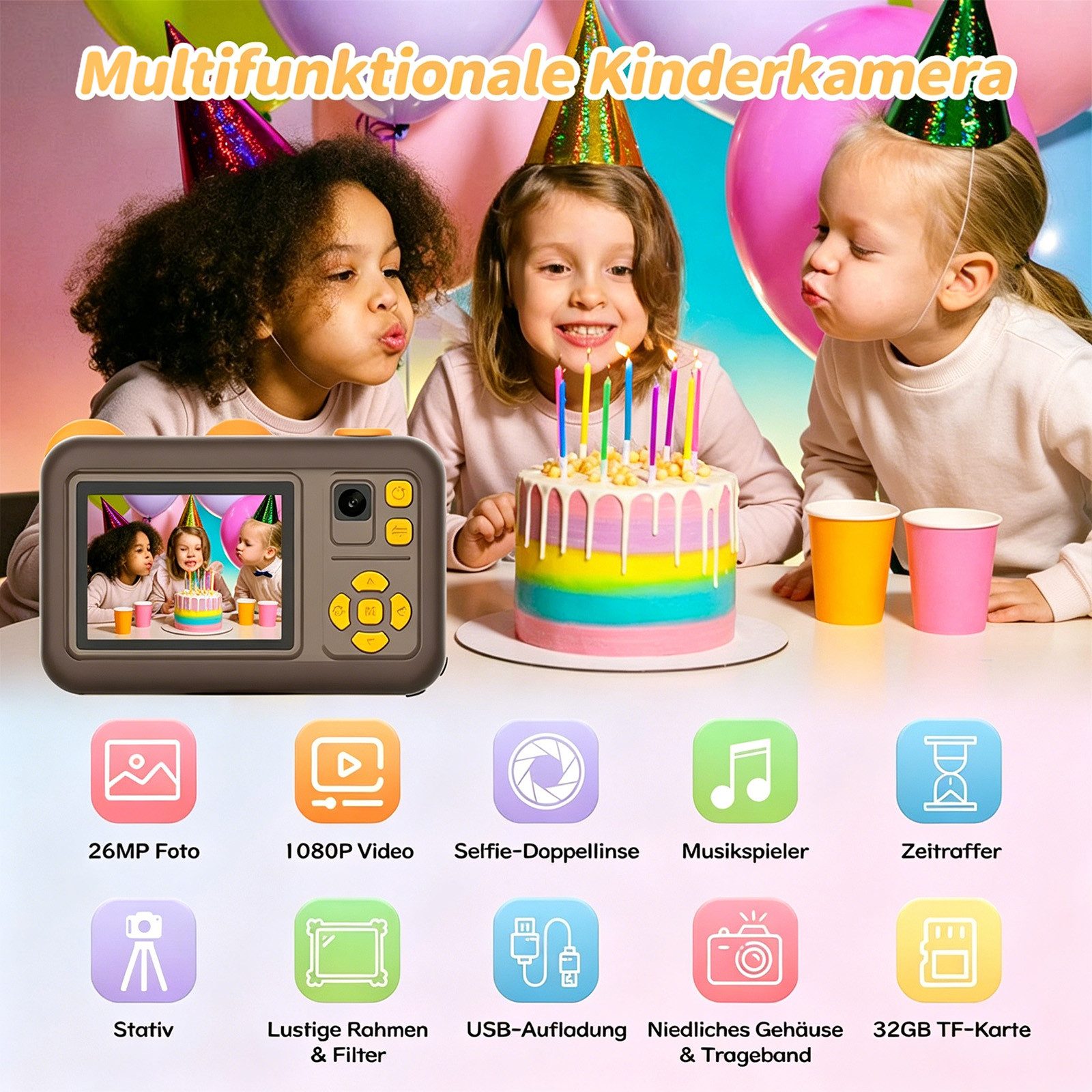 MOPUEA Kinderkamera mit Dualobjektiv, 32GB, 1080P, 2" Display Kinderkamera (inkl. Kinderkamera mit Dualobjektiv, 32GB Speicher und Zubehör, Dualobjektiv, 1080P Video, 26MP Fotos, Silikonhülle, 32GB)