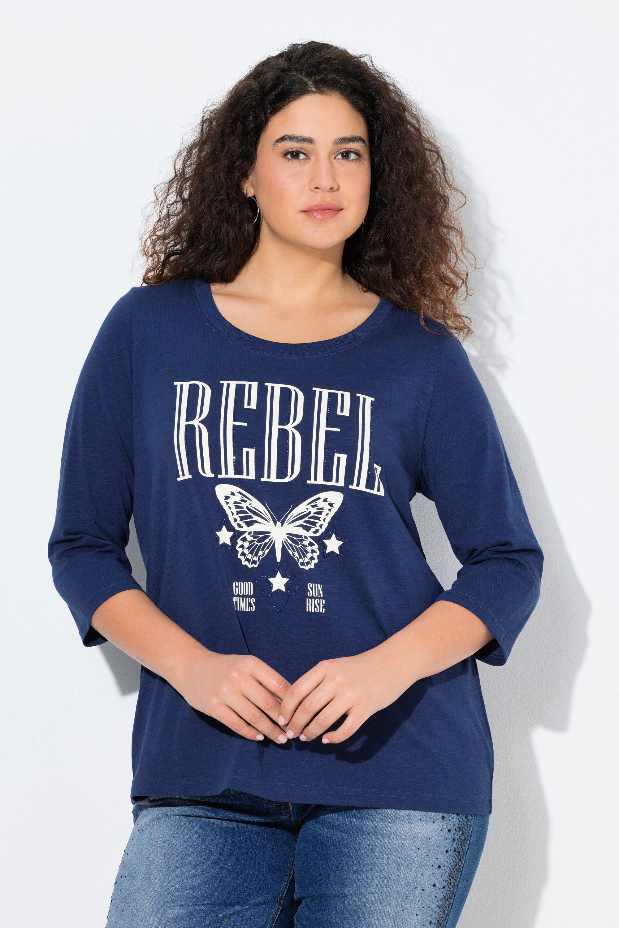 Ulla Popken T-Shirt Shirt Ziersteine Classic Rundhals 3/4-Arm günstig online kaufen