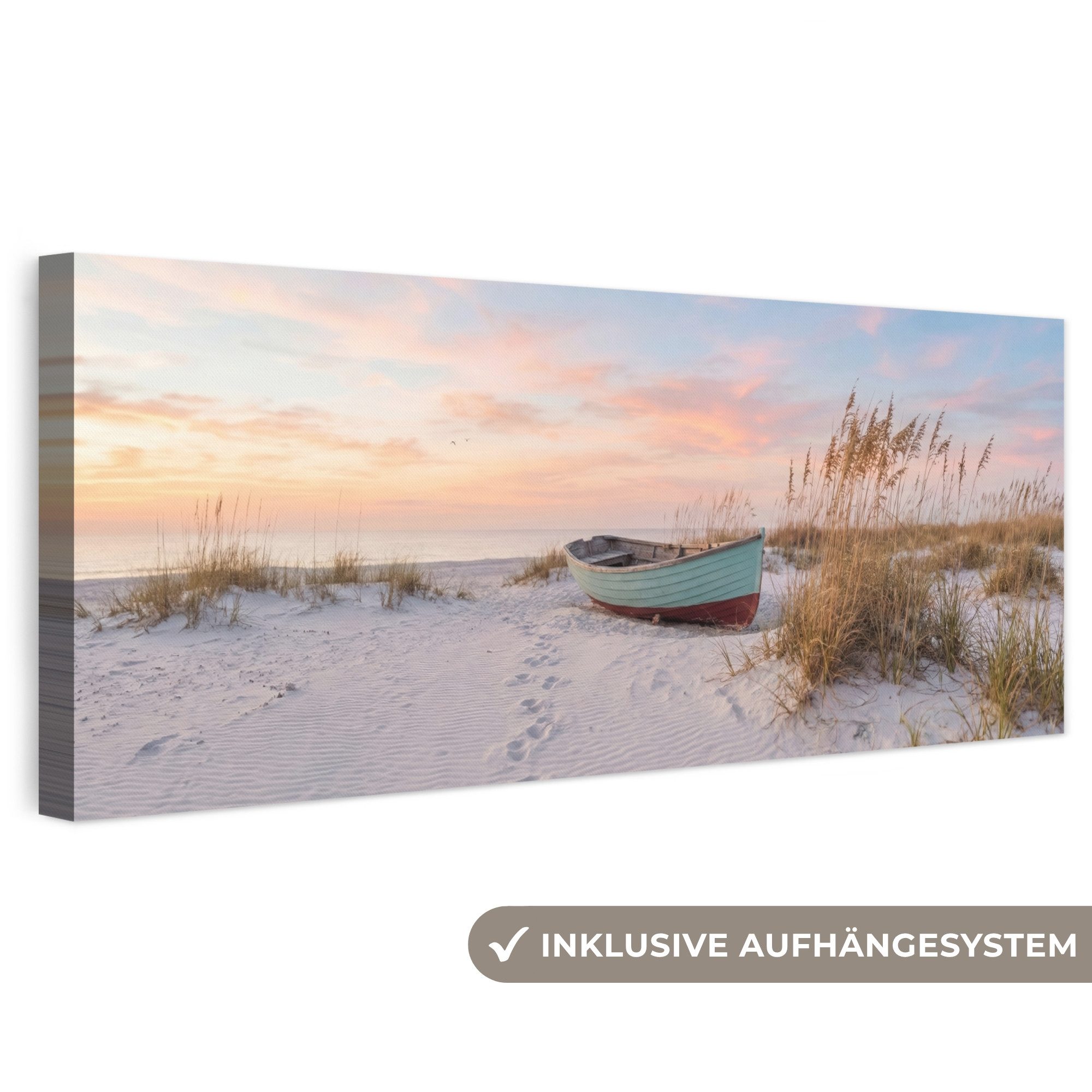 OneMillionCanvasses® Leinwandbild Panorama Rustikal - Ruderboot - Sandstrand, Fotodruck (1 St), Wandbild, Deko Schlafzimmer Wohnzimmer Flur 60x20 cm