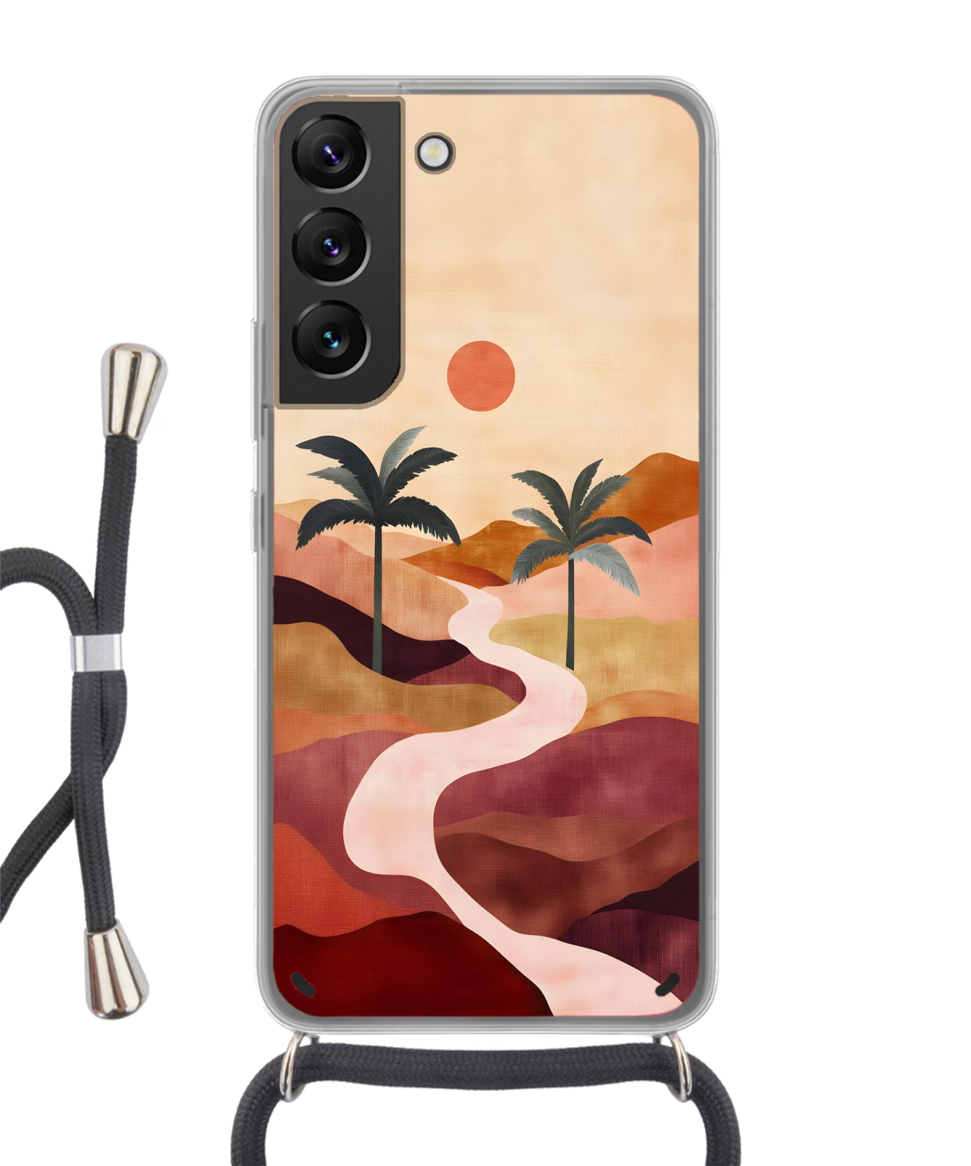 MuchoWow Handyhülle für Samsung Galaxy S22 Hügel - Palmen - Abstrakt, Tragbare Handyhüllen mit Kette zum umhängen, Handykette Handyband