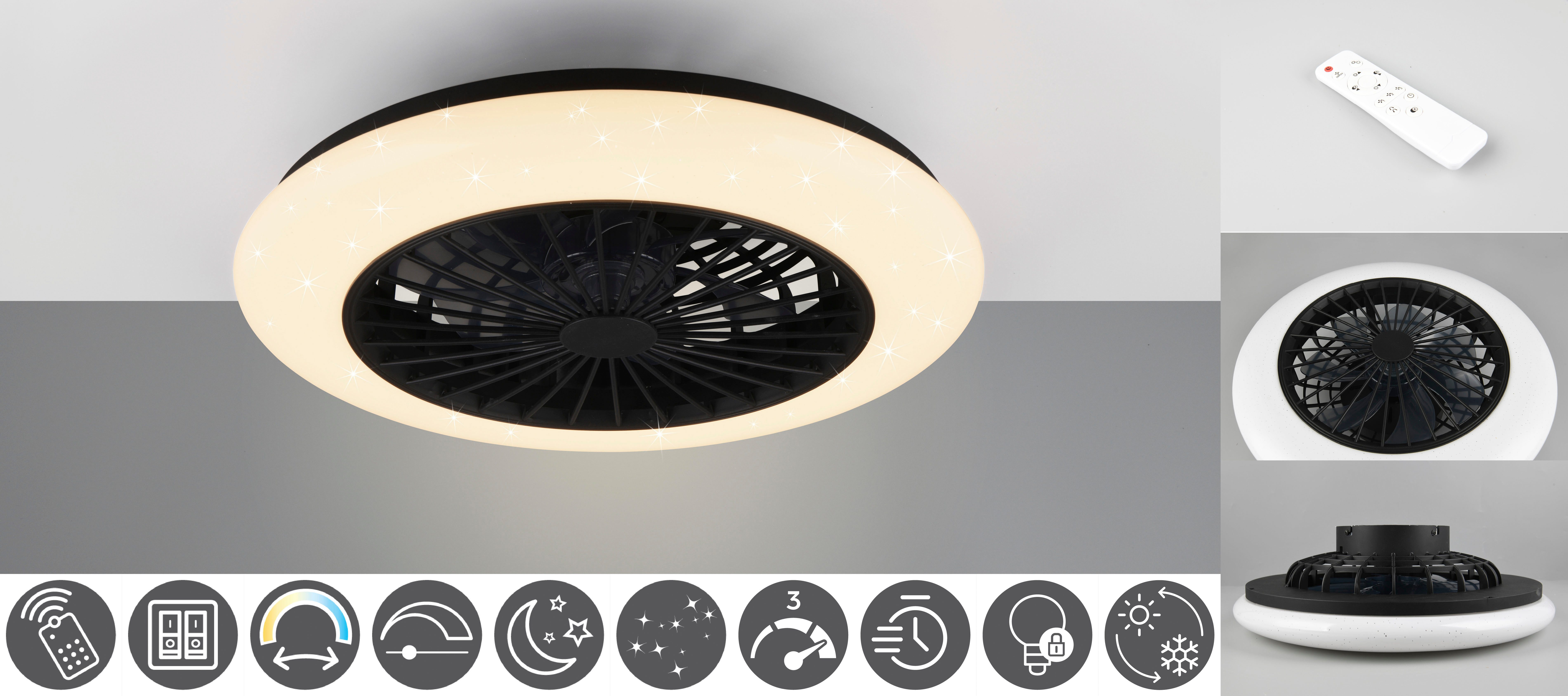 TRIO Leuchten LED Deckenleuchte Stralsund Deckenventilator, CCT - über Fernbedienung, Dimmfunktion, Memoryfunktion, Nachtlichtfunktion, Timerfunktion, Ventilatorfunktion, LED fest integriert, warmweiß - kaltweiß, Deckenlampe, Ventilator, Fernbedienung, Ventilator getrennt schaltbar