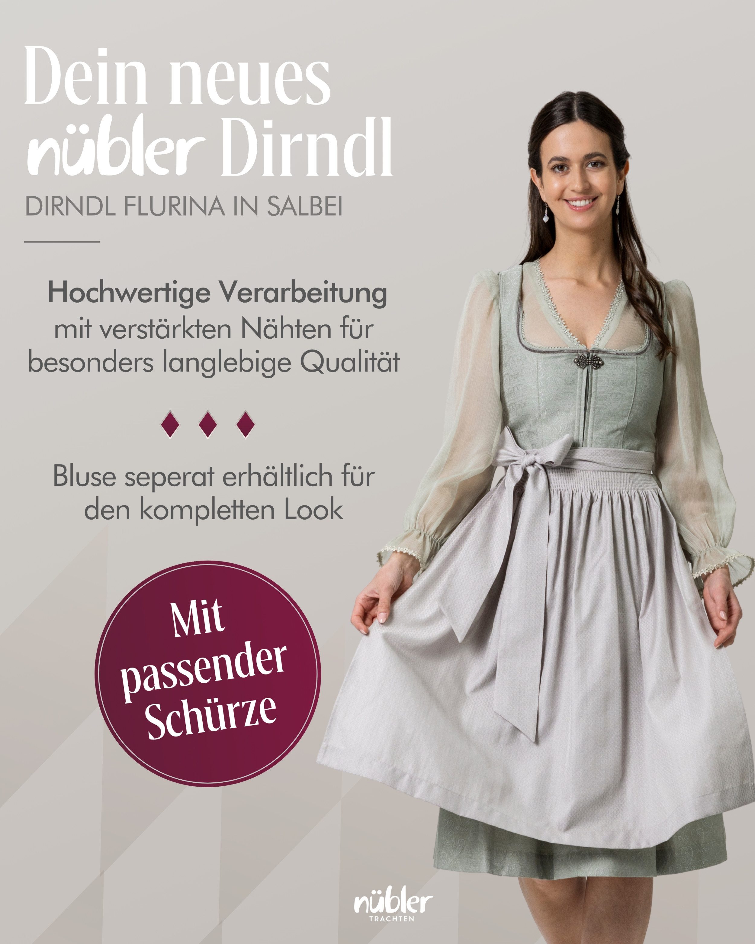 Nübler Dirndl Midi Dirndl Flurina in Salbei von Nübler - Rocklänge 70 cm