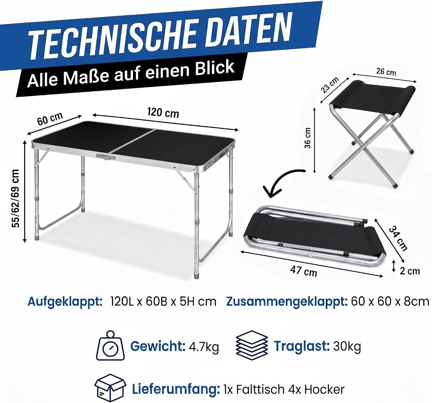 Goods+Gadgets Klapptisch Höhenverstellbarer Tisch Set mit 4 Stühlen Klapptisch Camping&Garten (Mehrzwecktisch, Campingtisch Markttisch), Multifunktionstisch mit 4 Stühlen - Schwarz