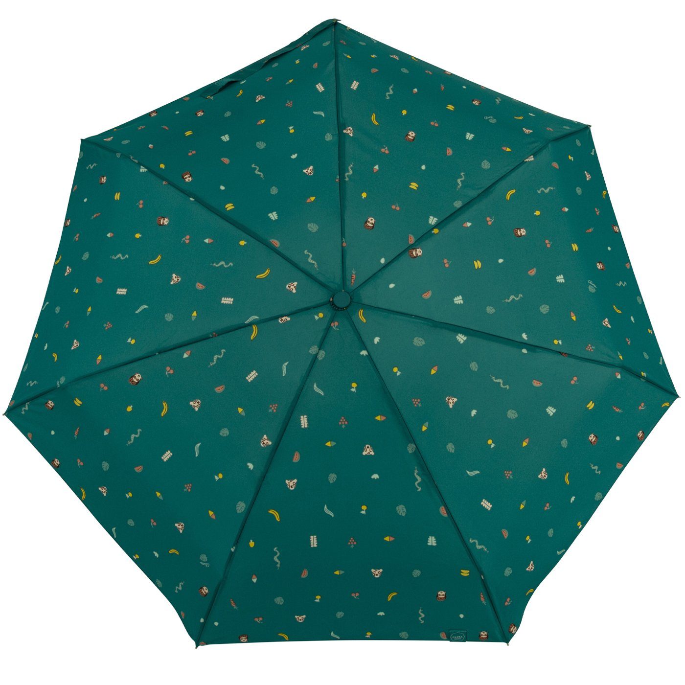 farbenfroh Damen-Regenschirm, stabil, kompakt, Handöffner, Tropen-Dschungel-Motiven mit mit Taschenregenschirm - türkis bisetti klein,