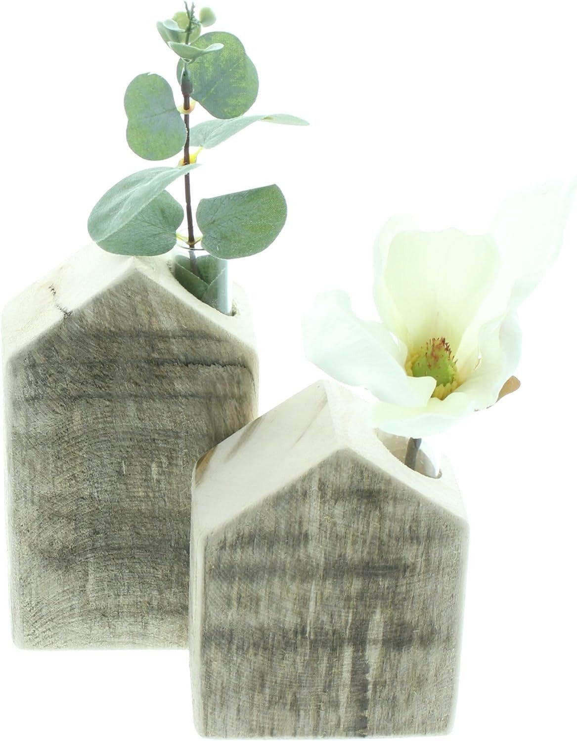 Dekoleidenschaft Tischvase "Häuschen" aus Holz geflammt, Vase mit Reagenzglas für einzelne Blumen (2 St., im Set), Blumenvase, Reagenzglasständer Haus, Vasenset, Glasvase, Vasenhalter
