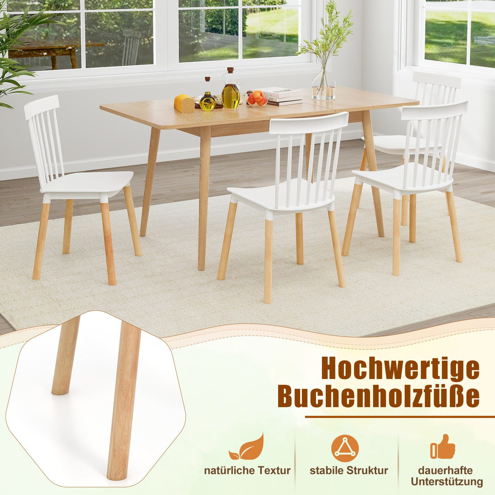 COSTWAY Esszimmerstuhl, Küchenstuhl 4er Set, Essstühle mit Massivholzbeine