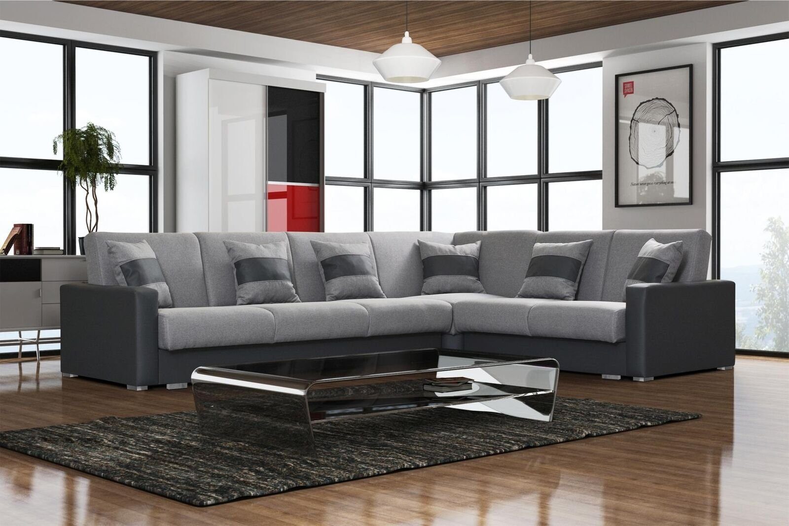 JVmoebel Ecksofa, Design Couch Lounge Sofas Textil Neu Sofa L-form Sofa Wohnlandschaft Grau/Schwarz