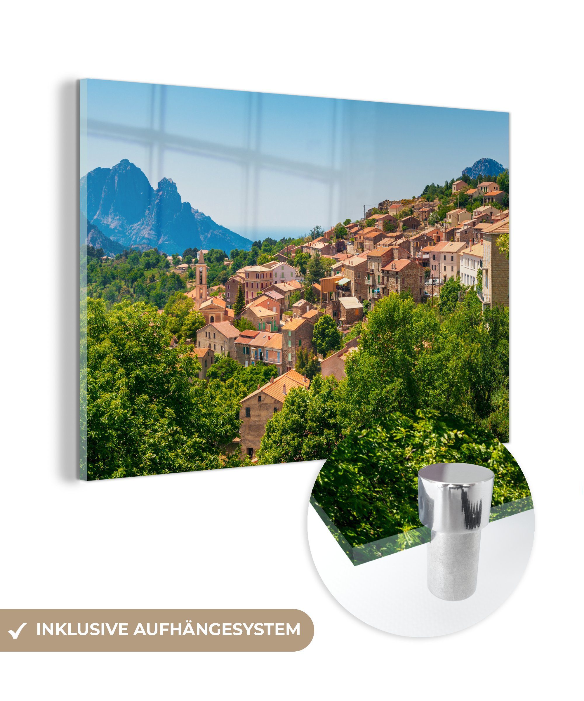 MuchoWow Acrylglasbild Bergdorf auf St), Acrylglasbilder Schlafzimmer Korsika in Europa, (1 & Wohnzimmer
