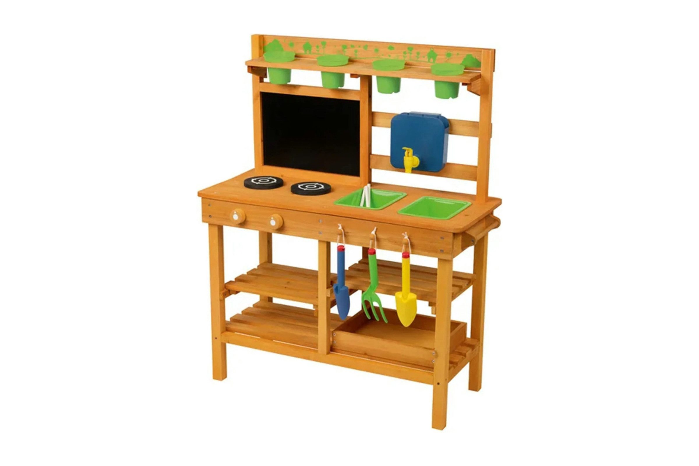 Playtive Outdoor-Spielküche Outdoorküche für Kinder aus Echtholz mit Zubehör & Wasserhahn Holz, Kunststoff, Edelstahl