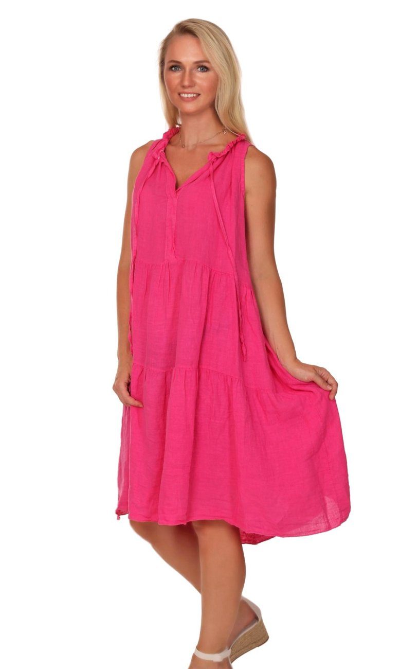 Charis Sommerkleid Moda Leinenkleid Stehkragen mit Pink ärmellos