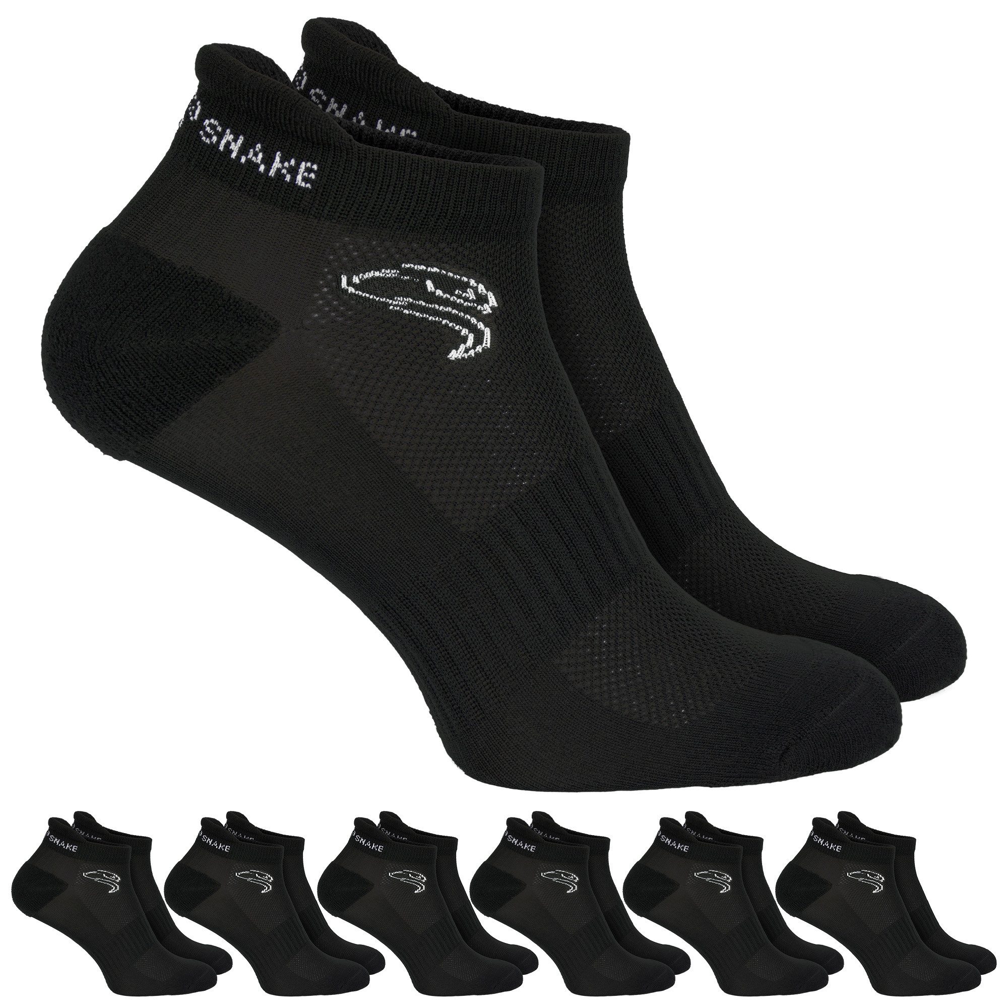 Black Snake Sportsocken Sneaker Socken mit Kompressionszonen im Mittelfuß für Damen und Herren (Vorteilspack, 6-Paar, Schwarz 43/46) Gepolsterte Ferse und Sohle mit Knöchelschutz aus atmungsaktivem Garn