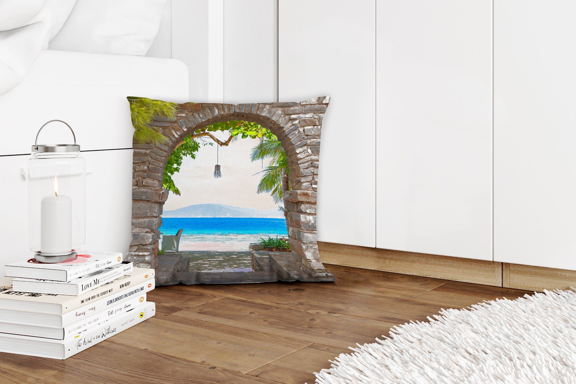 Wohzimmer, Zierkissen MuchoWow Füllung Deko, - Sommer Strand - - für Meer mit Aussicht, Sofakissen Tropisch - Schlafzimmer, Dekokissen