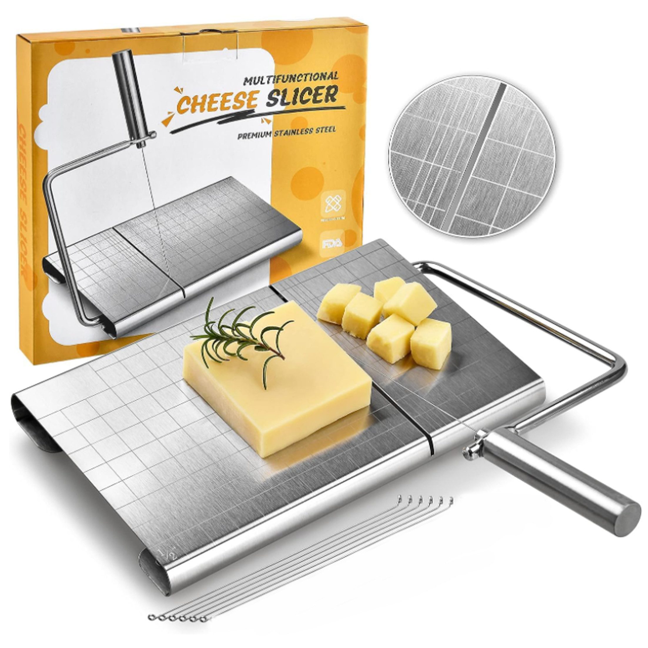 KINSI Käsehobel Edelstahl Käseschneider für Käse & Butter, mit Messplatte, und 5 Ersatzschnüren