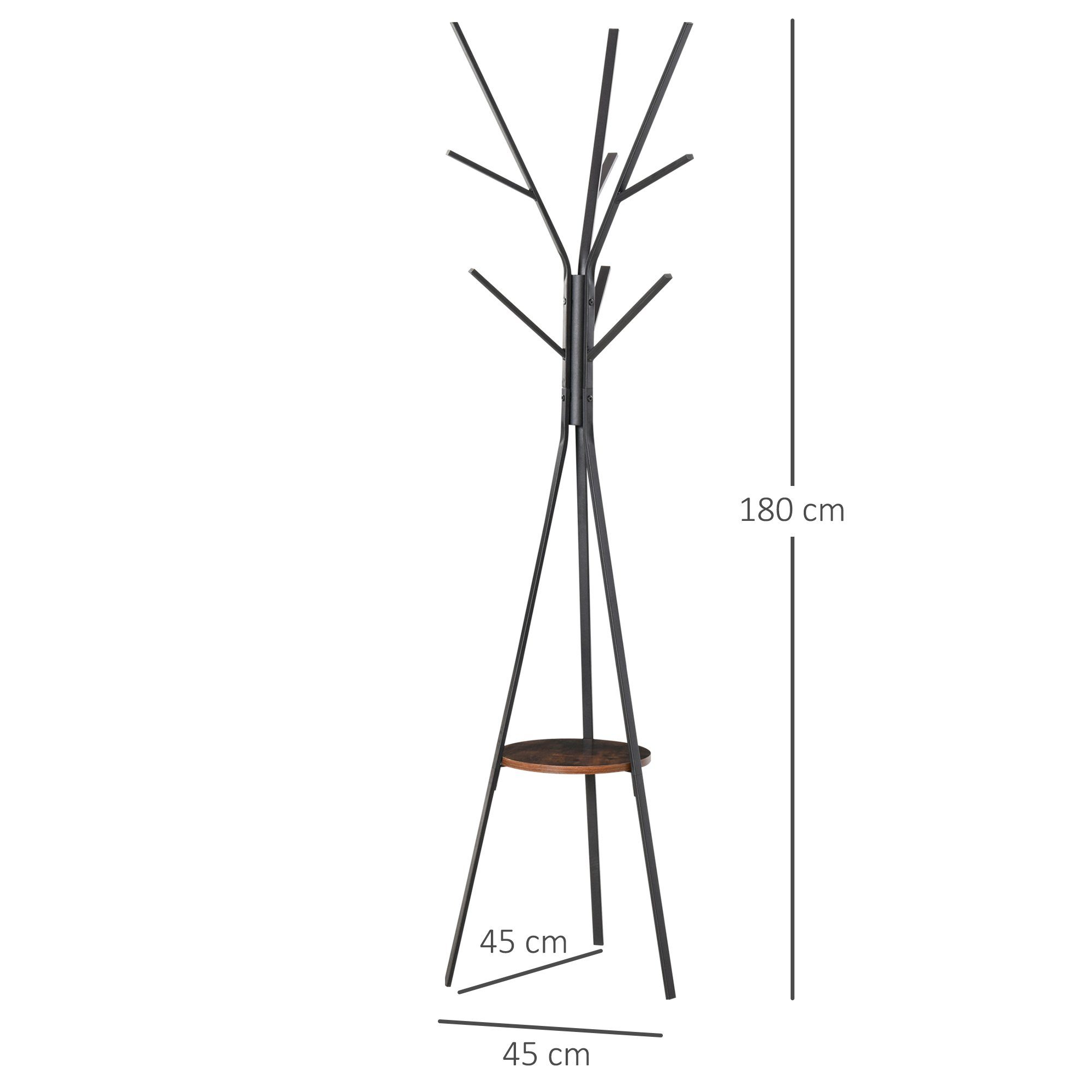 HOMCOM Garderobenständer Jackenständer mit Ablage und 8 Haken, Garderobe für Kleidung, (Kleiderständer, 1 St., Hutständer), Metall, Braun, 45 x 45 x 180 cm
