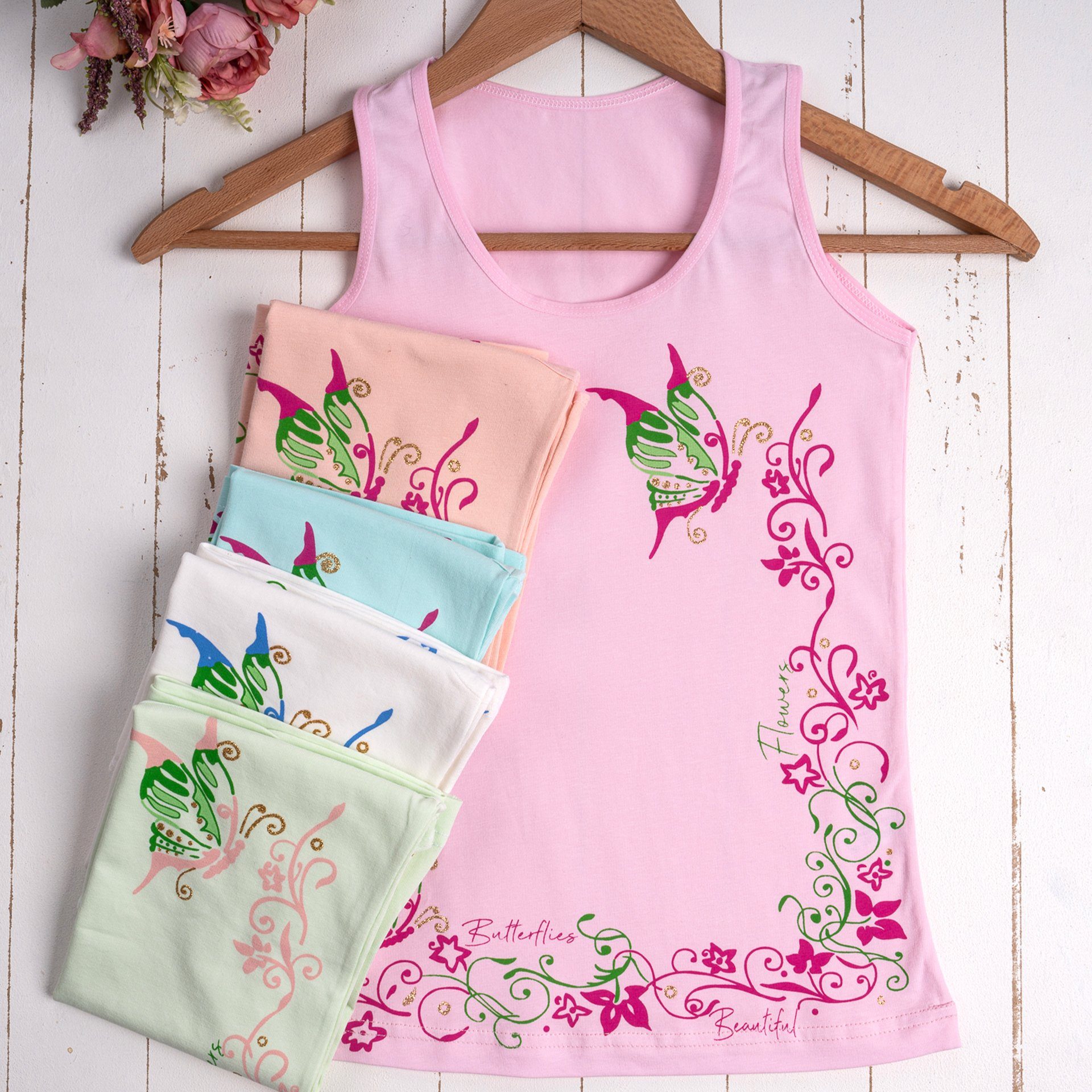 LOREZA Unterhemd 5er Set Mädchen Unterhemden - Schmetterling - Bunt (Set, 5-St., 5er-Pack)
