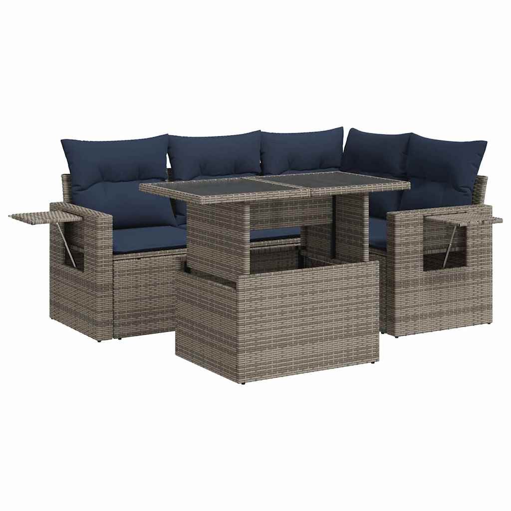 vidaXL Gartenlounge-Set 5tlg. Garten-Sofagarnitur mit Kissen Grau Poly Rattan, (1-tlg)