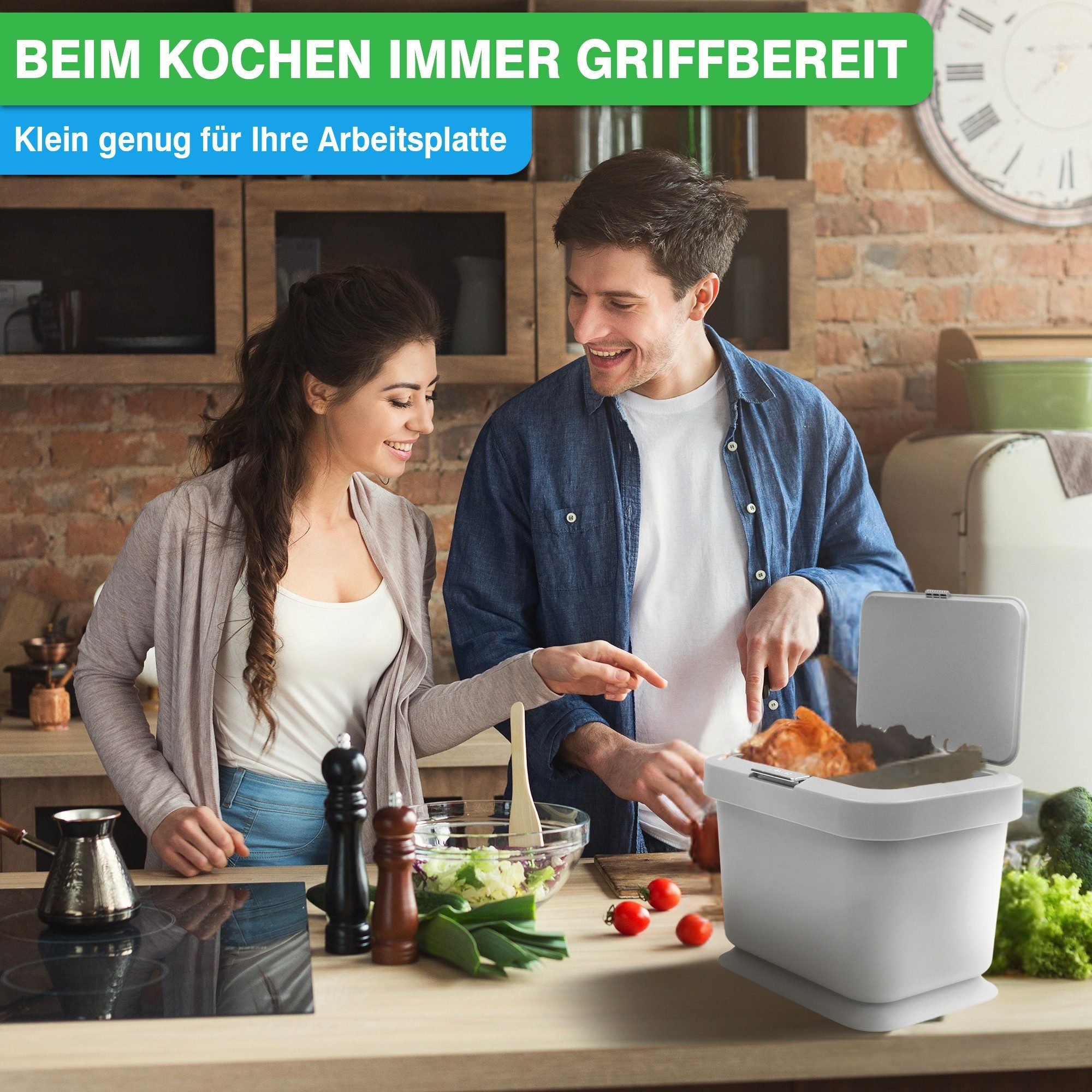 YourCasa Biomülleimer Küche 5L - Deckel mit Knopfdruck-Mechanismus- Komposteimer, Deckel mit Knopfdruck-Mechanismus, Antirutsch