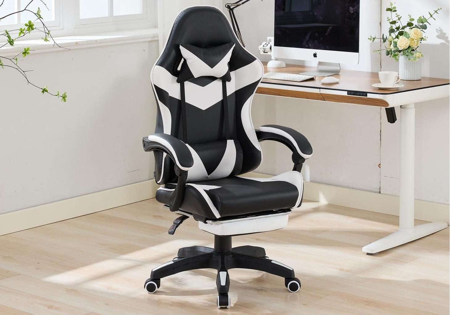 LVHOM Gaming-Stuhl ergonomischer Bürostuhl, 90°-155°Neigungsfunktion, 360°Drehung (höhenverstellbar, Gaming-Chair mit Lendenwirbelstütze, Armlehnen und Kopfstütze, komfortables Sitzkissen), 150 kg Belastbarkeit, geeignet für Büro und Gaming