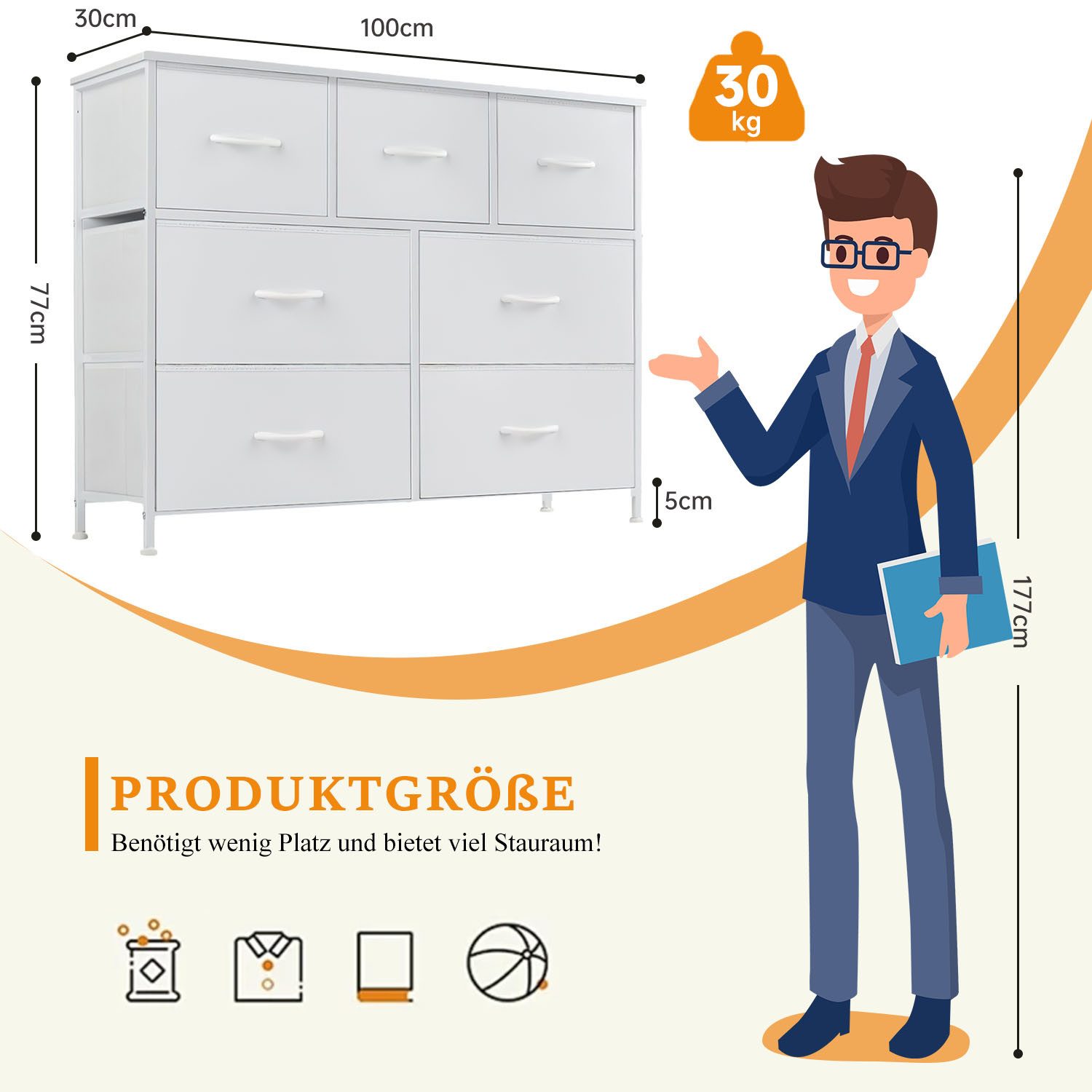 IDEASY Schubkastenkommode Schlafzimmerschrank-Organizer mit 7 Stoffschubladen, Frisiertisch (für Schlafzimmer Wohnzimmer Flur Kinderzimmer 100 x 30 x 77CM (LxBxT), Flurschubladenschrank zur Kleideraufbewahrung,Kleiderschrank-Organizer
