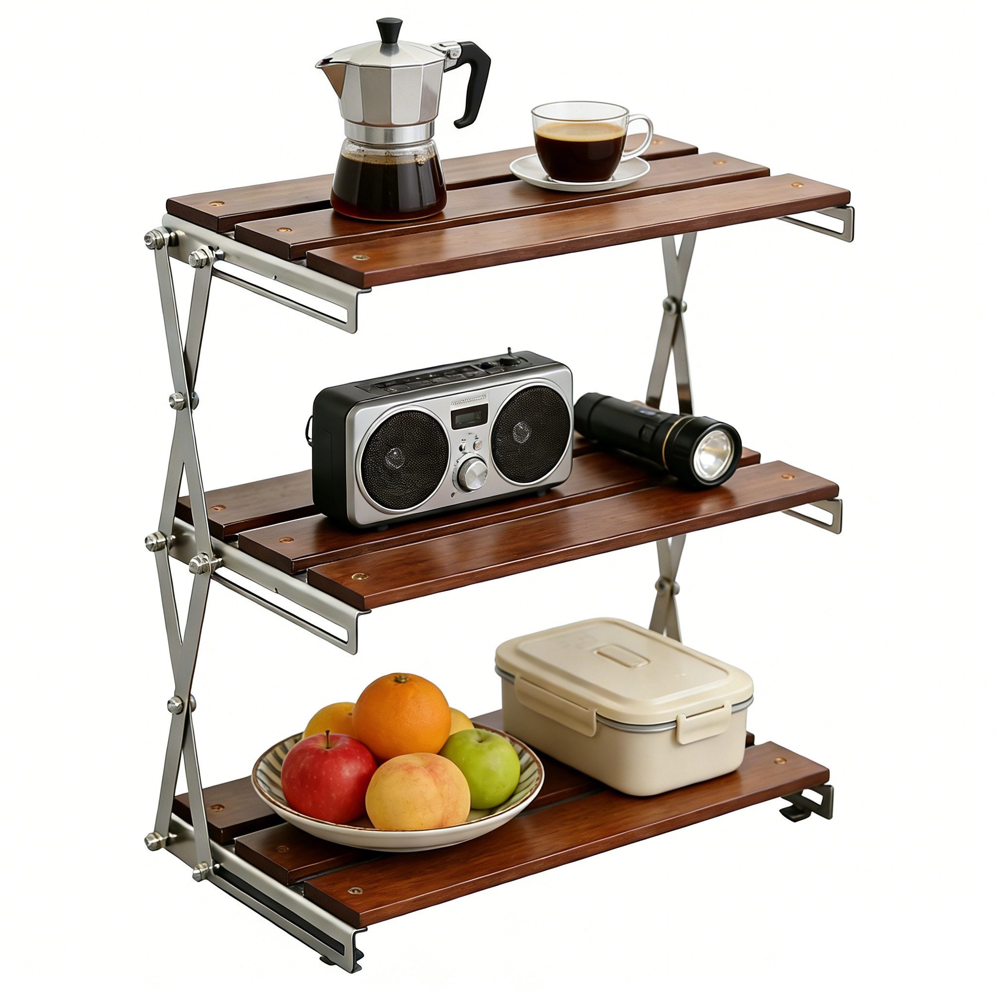 BlingBin Standregal Schreibtisch Regal, Camping-Klappregal mit 3 Ablagen Walnussfarben, Schreibtisch Regal / Mehrstufiges Klappregal 1-tlg., Klapptisch Holz Metall Ablage, Für Küche Bad Wohnzimmer Büro Camping