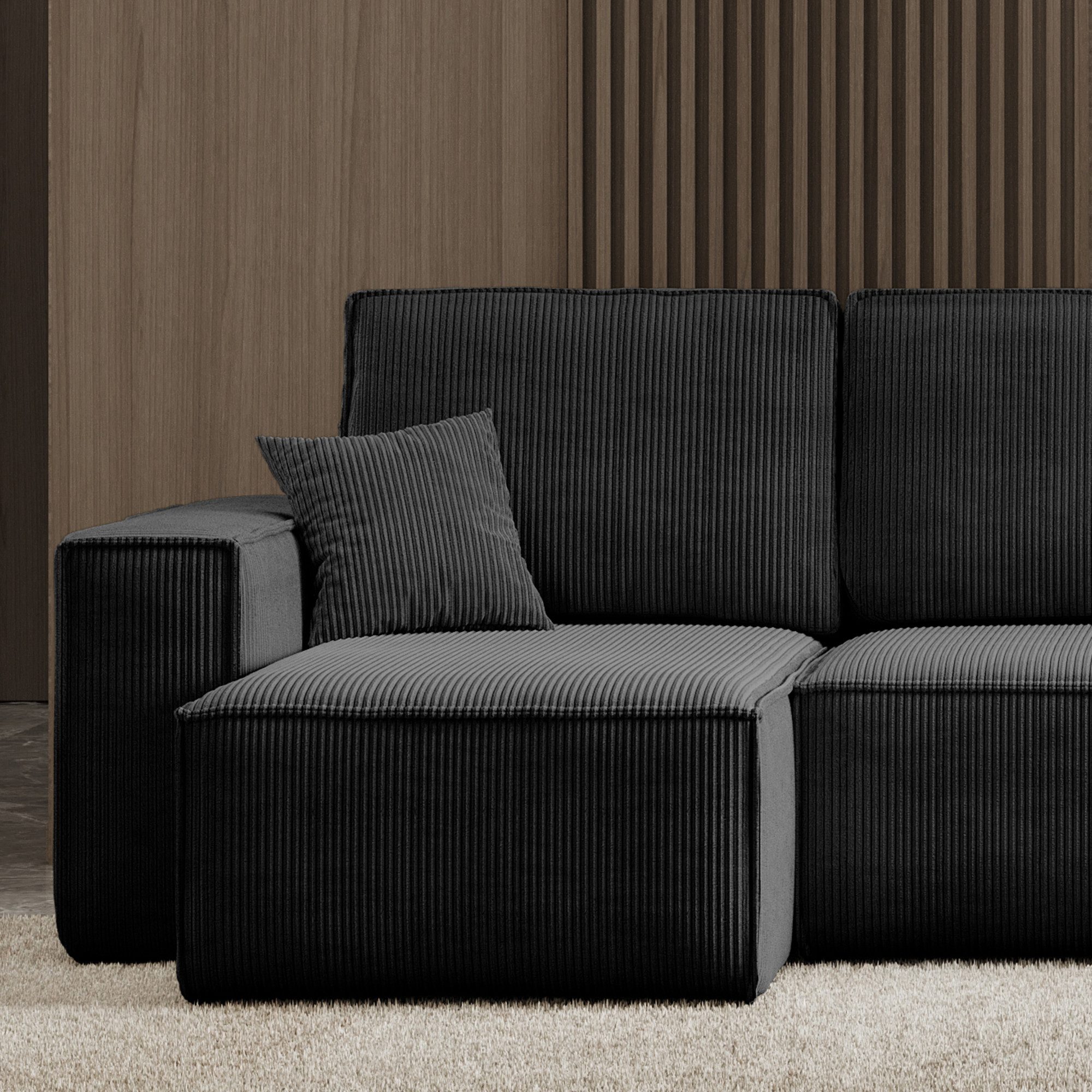 M-Punkt24 Wohnlandschaft COMO, Schwarz mit Bett Sofa Schlafsofa Ottomane, Cord Schwarz