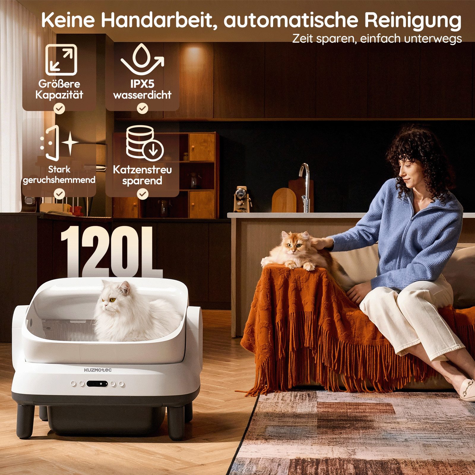 KuzmoTec Katzentoilette 120L XXXL Offenes katzenklo selbstreinigend,für 1,5-16kg große Katzen, mit App, doppelte Geruchssperre, IPX5 wasserdicht