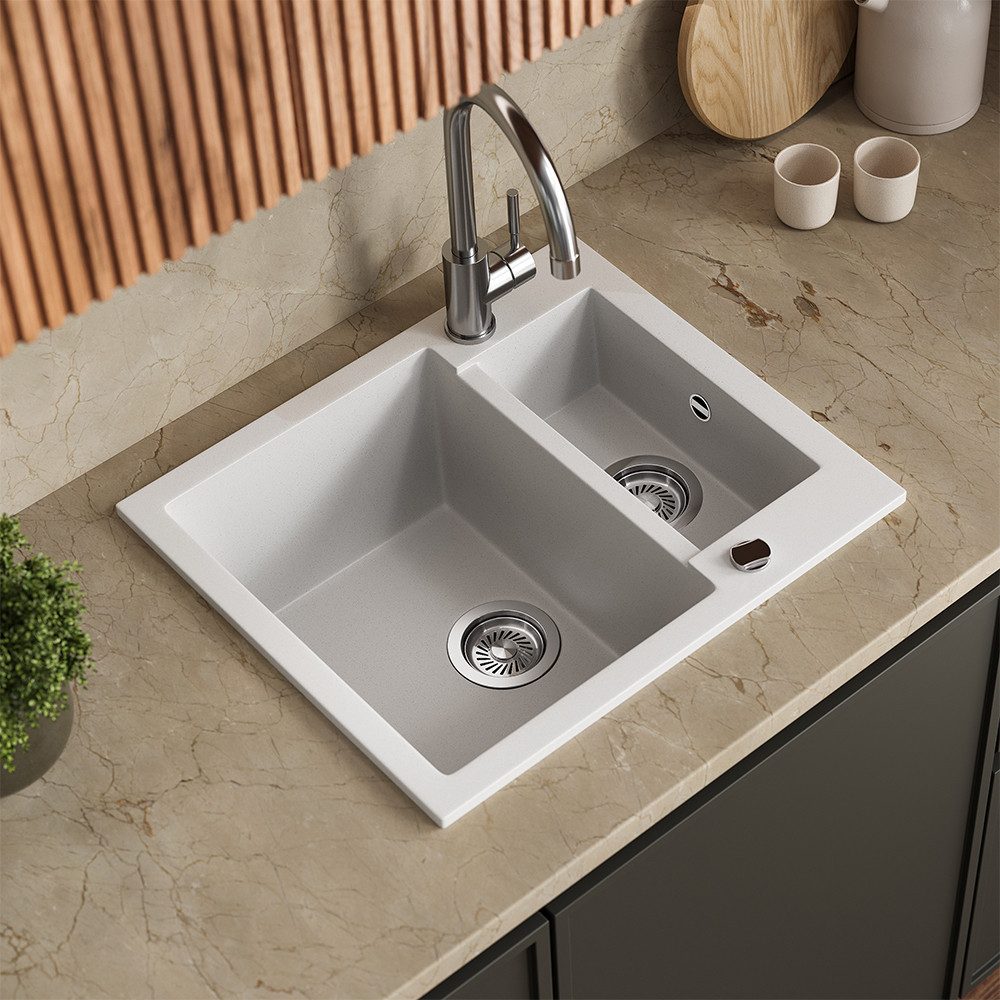 Bergstroem Granitspüle Prag, Weiß, 58 x 50 cm mit 2 Spülen, Rechteckig, 58/50 cm