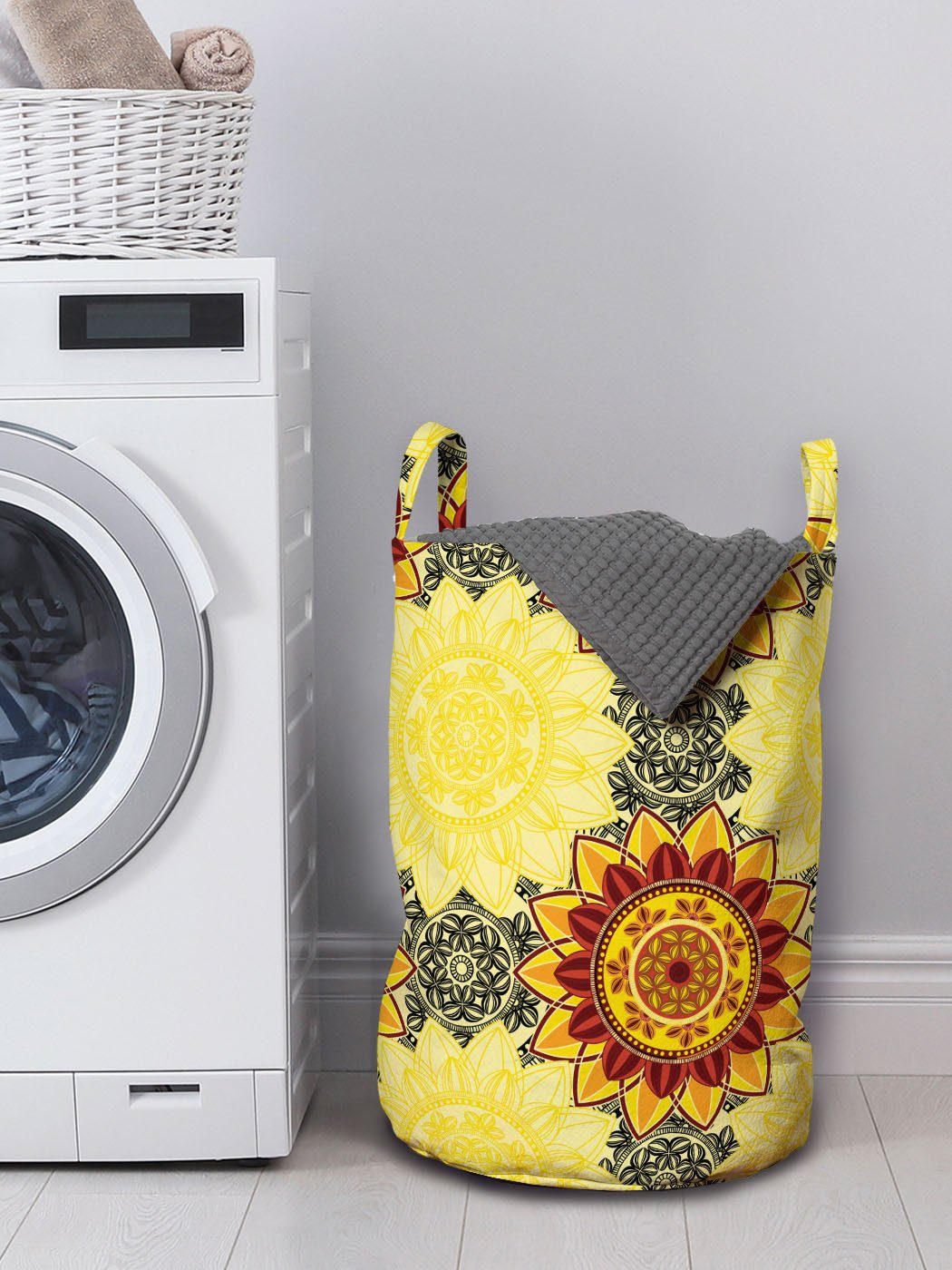 Mandala Wäschekorb Griffen Wäschesäckchen Waschsalons, Yellow Kordelzugverschluss für Abakuhaus mit vibrant