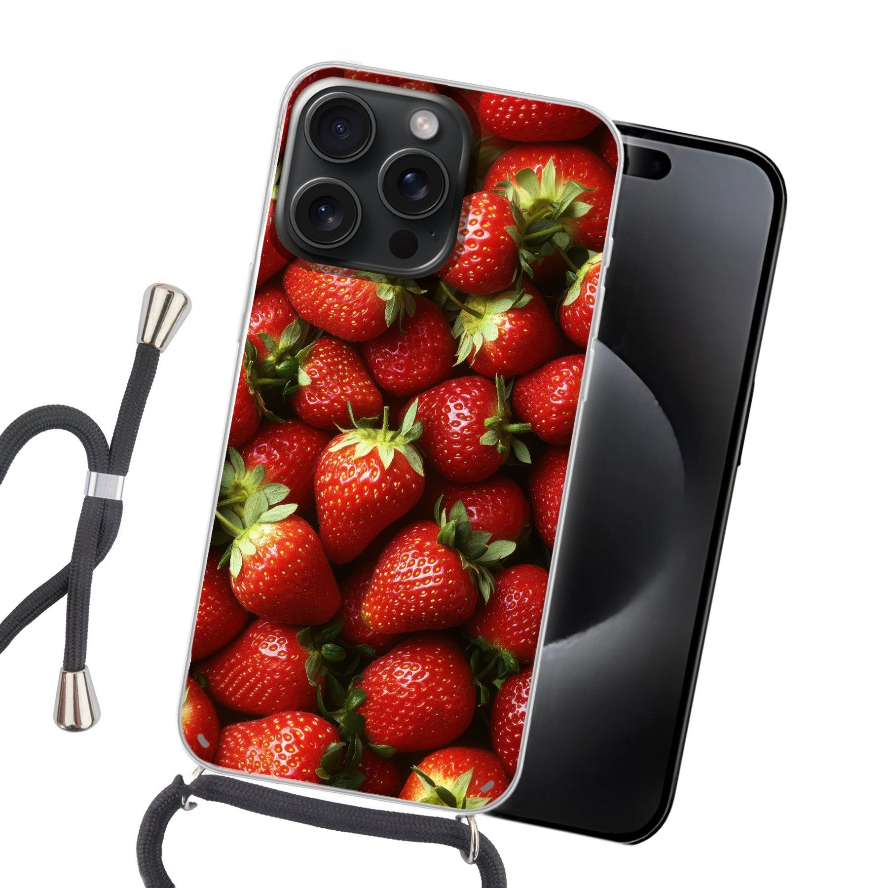 MuchoWow Handyhülle für Apple iPhone 15 Pro Max Erdbeere - Obst - Rot, Tragbare Handyhüllen mit Kette zum umhängen, Handykette Handyband