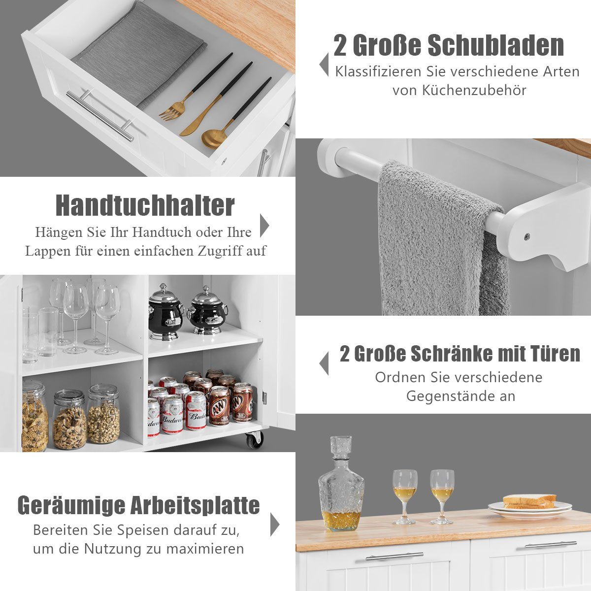 COSTWAY Küchenwagen mit Arbeitsplatte, Schubladen, Rollen, 94x45,5x94,5cm