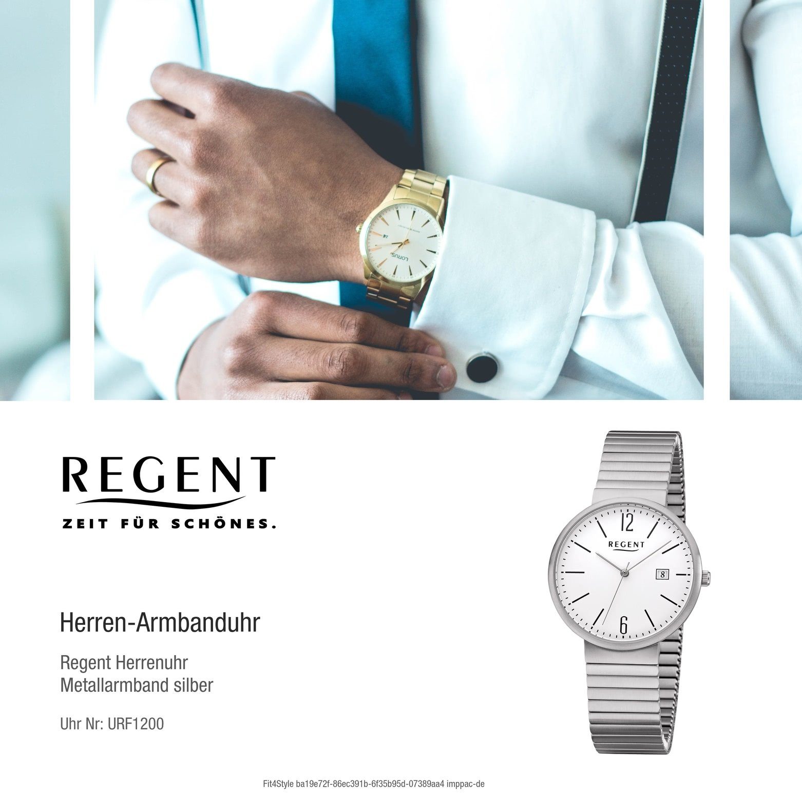 Metallarmband Regent Regent (ca. rund, Herren F-1200 Herren Uhr Quarz, Quarzuhr mittel 38mm), Armbanduhr Metall