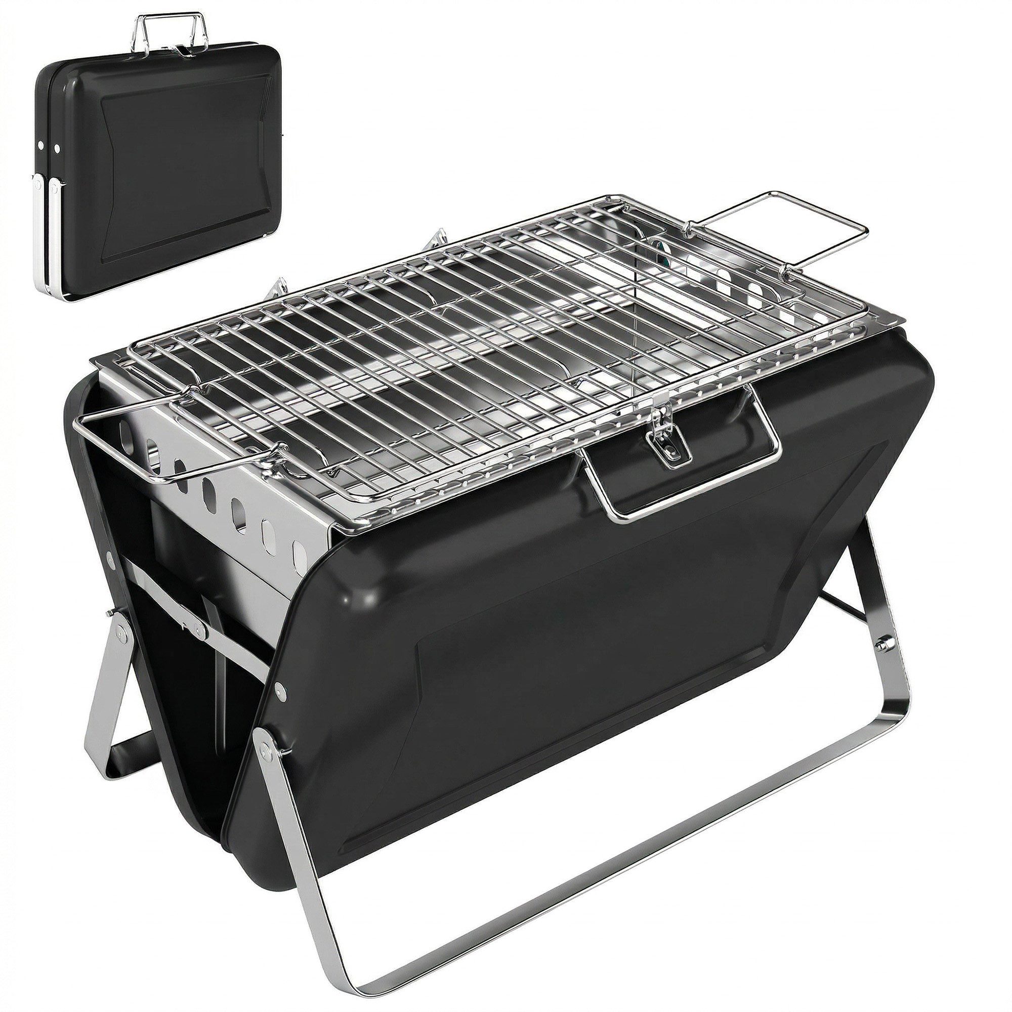 Novzep Holzkohlegrill Holzkohlegrill BBQ Smoker mit Grillrost Griff klappbaren Beinen, für Barbeque Camping 40x28x25,5cm