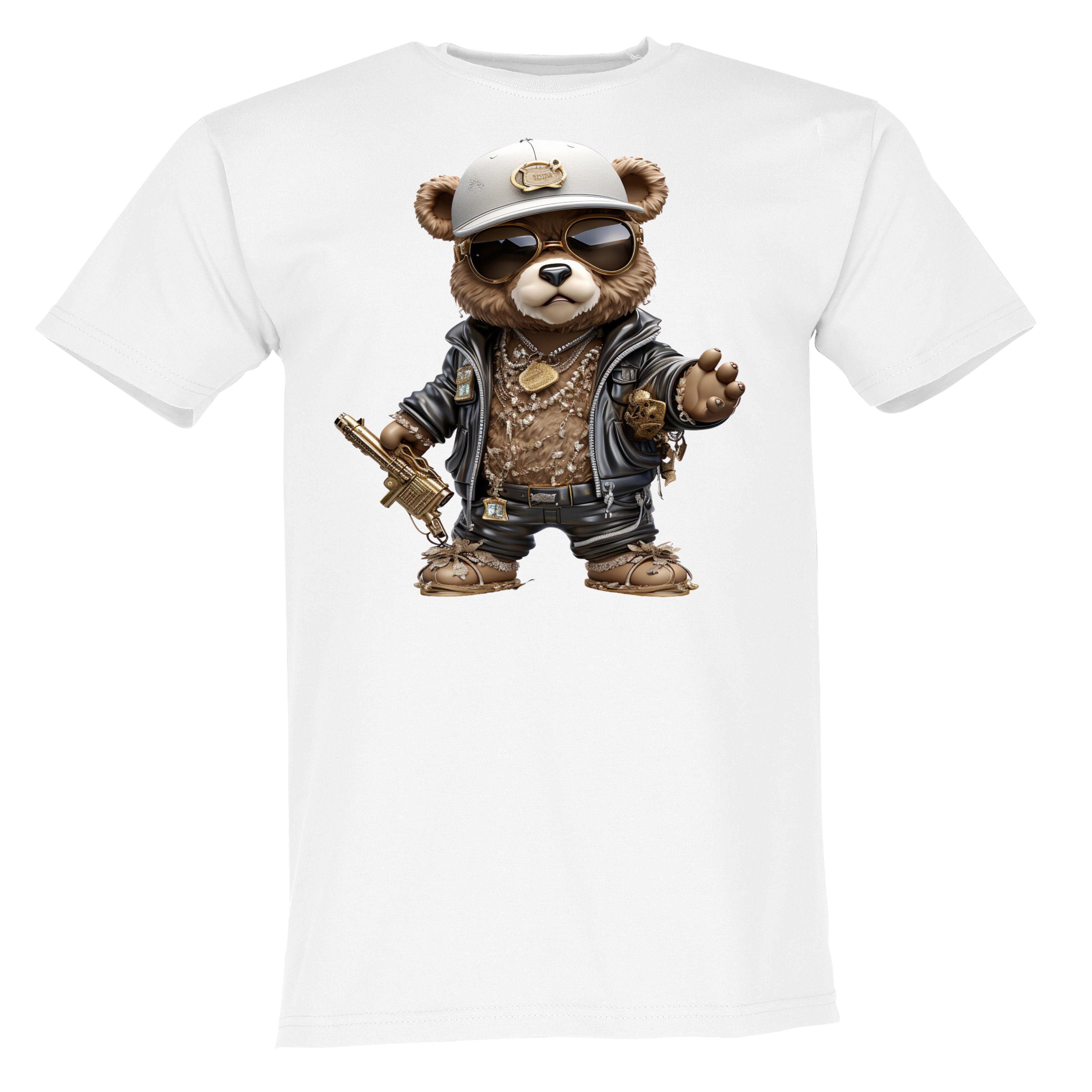 Banco T-Shirt Maschinengewähr Gangster mit goldenem und Kappe weißer Bär