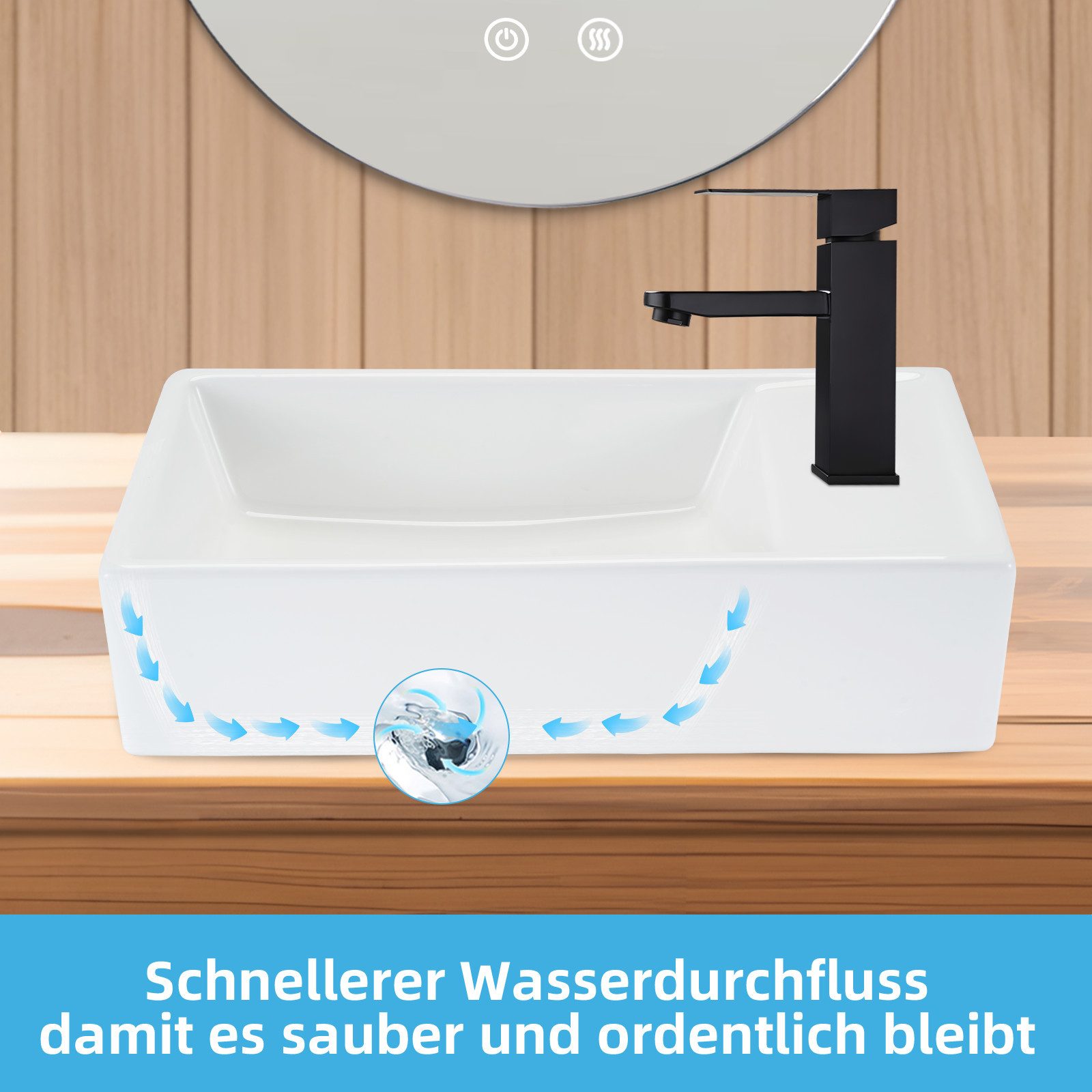 Nettlife Waschbecken Badezimmer Aufsatzwaschbecken Keramik Eckig Klein Waschschale 51CM, Hängewaschbecken Mit Hahnloch