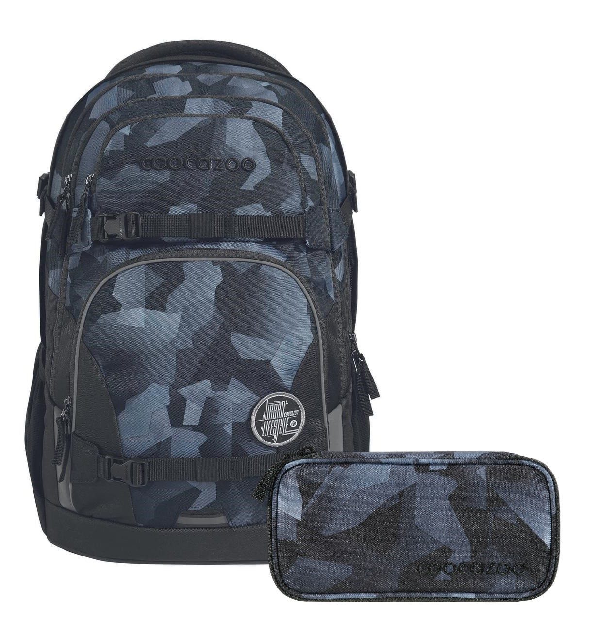 coocazoo Schulranzen Schulrucksack-Set PORTER Grey Rocks 2-teilig (2-teilig), ergonomisch, Körpergröße: 135 - 180 cm, reflektiert