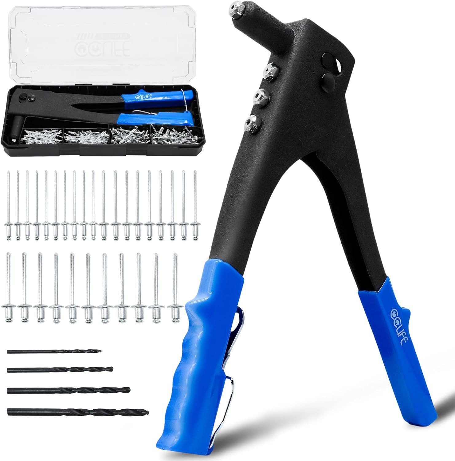 CCLIFE Blindnietzange Nietenzange Set Blindniet- & Popnietenzange Blindnieten, Blindniezange 200-tlg., 200 Blindnieten 2,4-3,2-4,0-4,8 mm;4 wechselbare Düsen