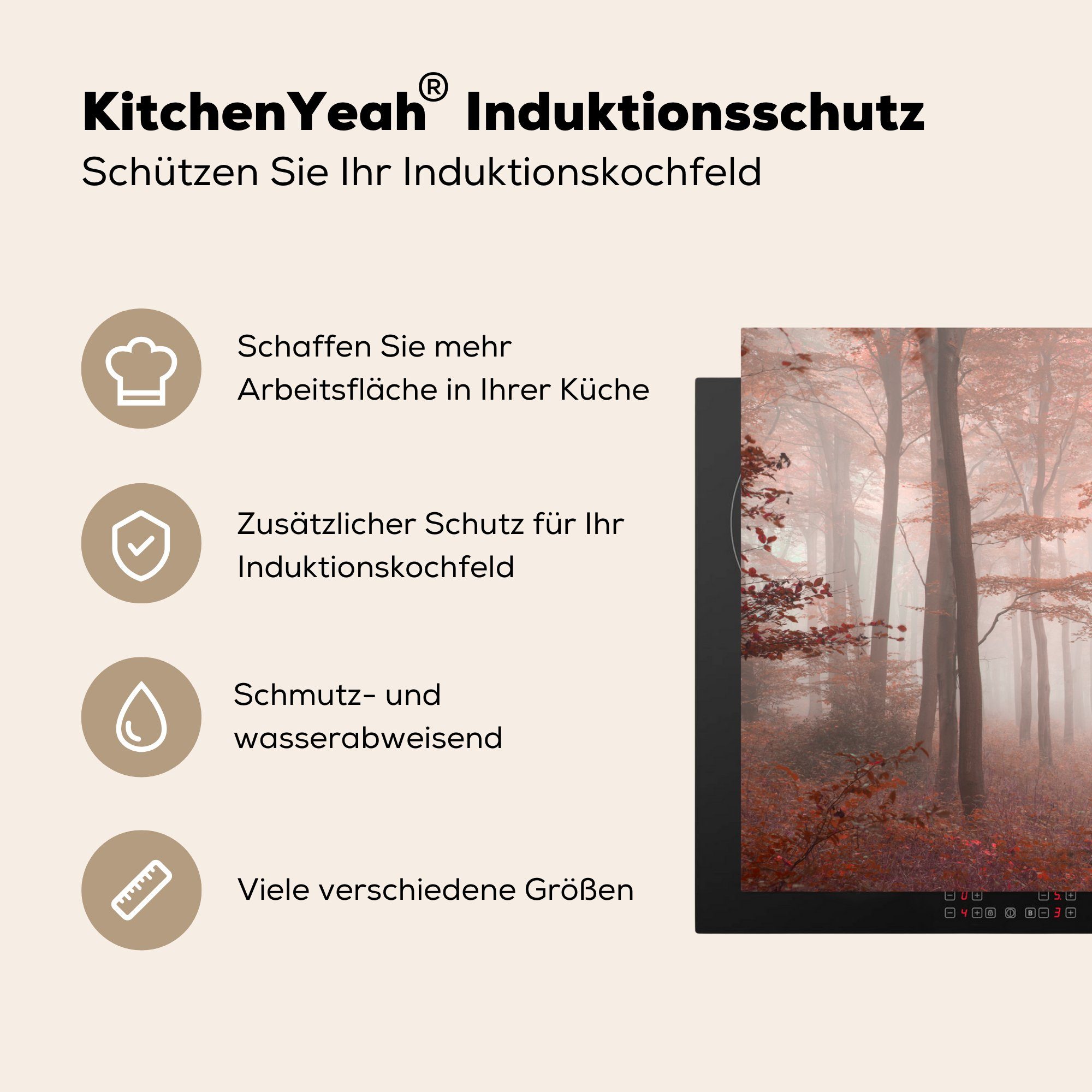 - Wald MuchoWow Herdblende-/Abdeckplatte die Schutz cm, Herbst, Induktionskochfeld Ceranfeldabdeckung Hirsche Rot Vinyl, - - (1 81x52 küche, für tlg),
