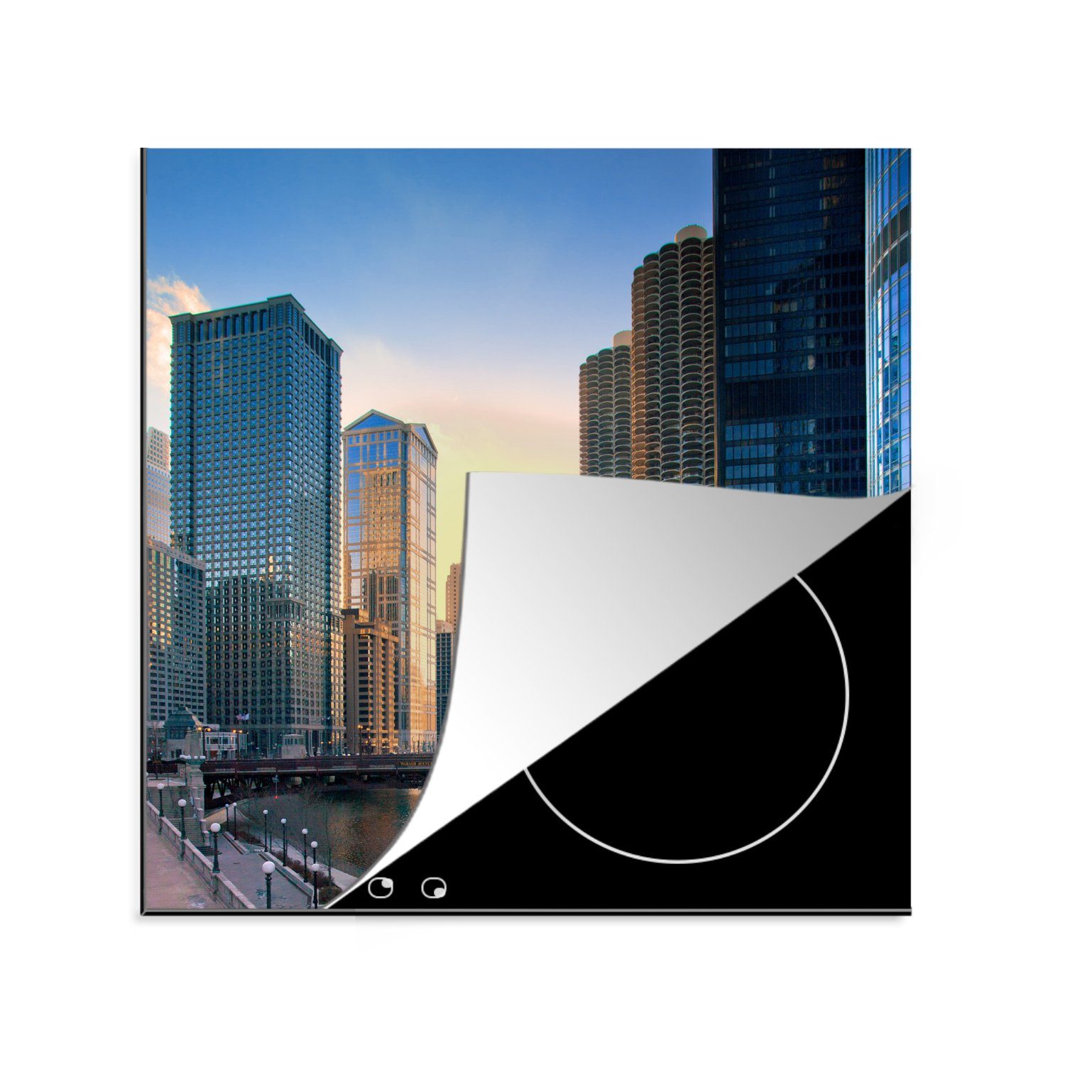 MuchoWow Herdblende-/Abdeckplatte Chicago - Sonnenuntergang - Architektur, Vinyl, (1 tlg), 78x78 cm, Ceranfeldabdeckung, Arbeitsplatte für küche