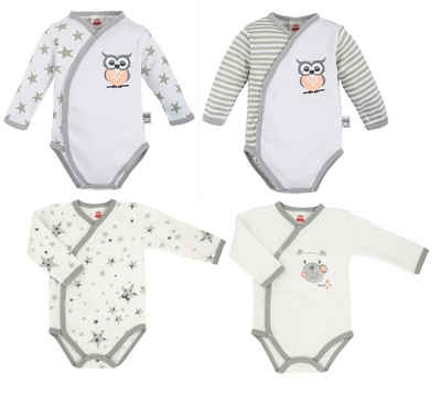 Makoma Wickelbody Baby Langarm Body Wickelbody für Jungen & Mädchen Teddy & Eule (Set, 4-tlg., 4er-Pack) 100% Baumwolle