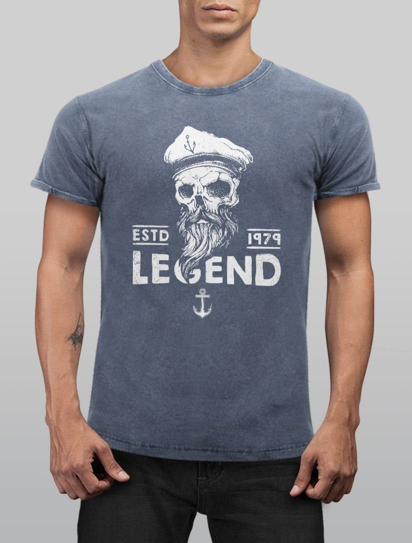 Neverless Print-Shirt Cooles Angesagtes Neverless® Shirt Vintage Aufdruck Totenkopf Used blau Legend Look Fit Herren T-Shirt mit Print Captain Slim