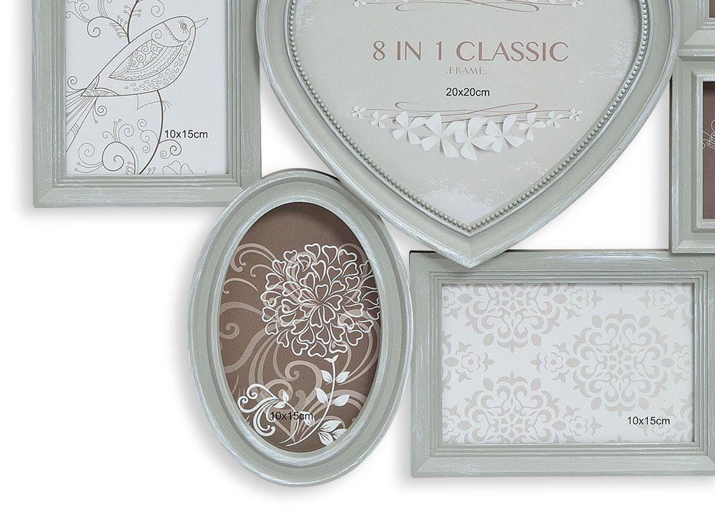 Levandeo® Bilderrahmen Collage, Fotorahmen Bilderrahmen 49x50cm Herz Grau 8 Fotos Shabby Chic