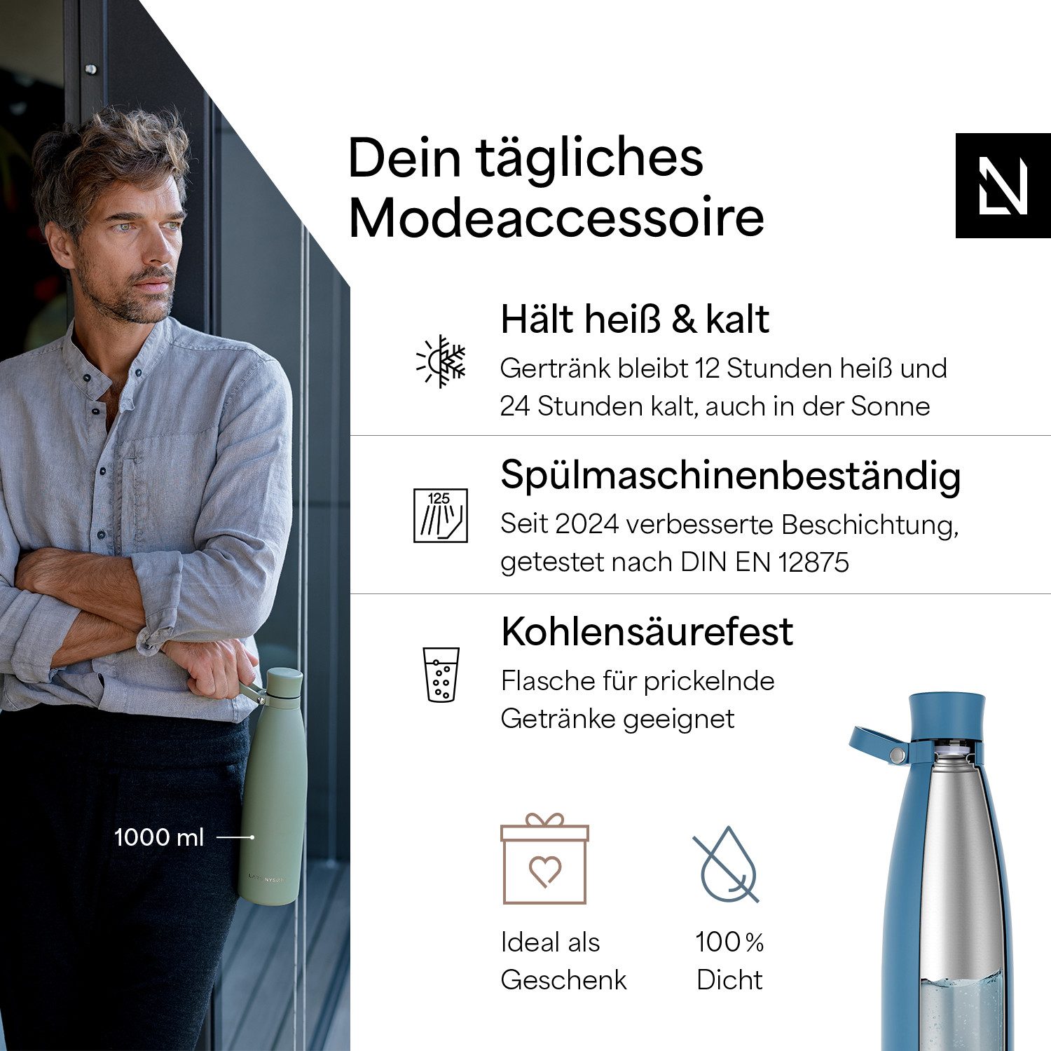 LARS NYSØM Thermoflasche Nåde, Vakuum Isolierung & Trageschlaufe: 12h heiß / 24h kühl