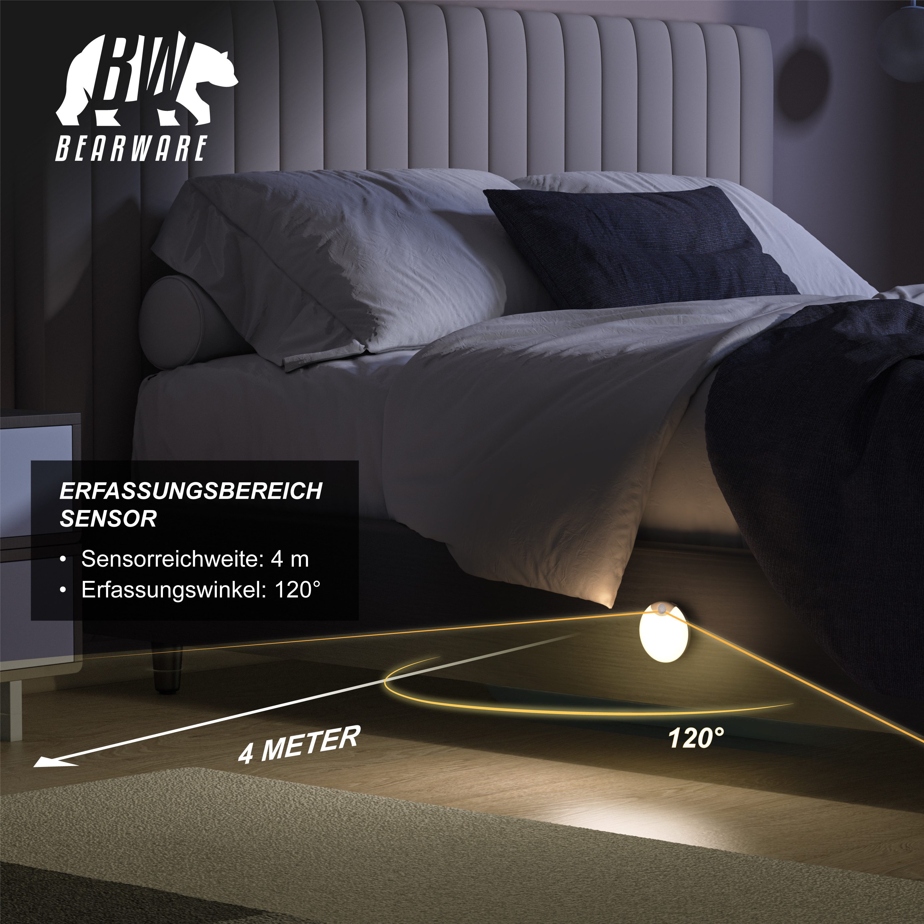 BEARWARE LED Nachtlicht Schranklicht mit Bewegungsmelder, Akku, USB-C, dimmbar, Automatische Ein-/Ausschaltung; Nachtlichtfunktion, LED fest integriert, Neutralweiß, PIR 120°, 4 m, 20 s Timer, 5-50 lm, Lichtsensor, Magnethalterung