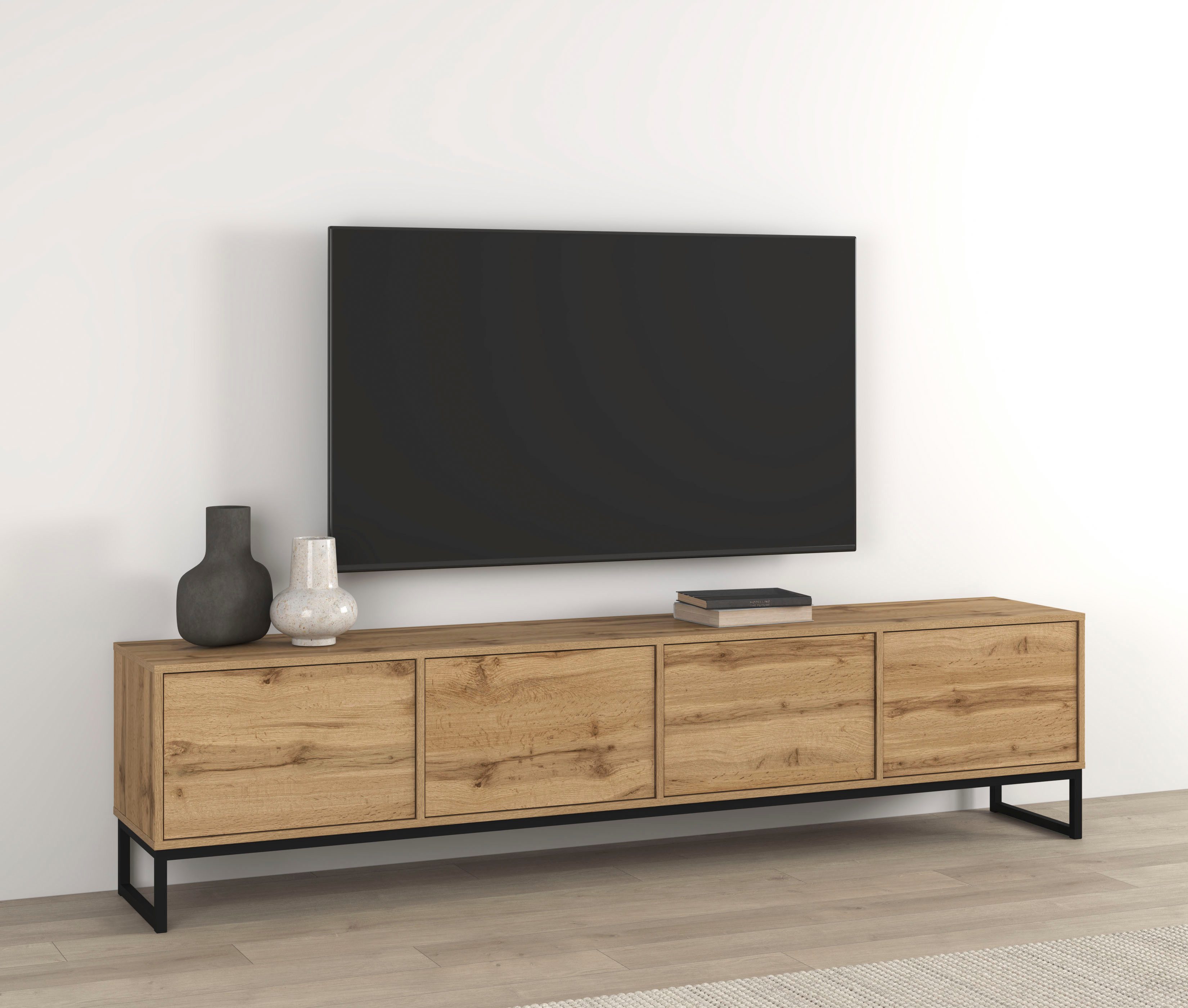 OTTO home Lowboard Loft, Breite 208,5 cm, TV-Board mit 4 Klappen, Metallkufen, TV-Kommode mit viel Stauraum, push-to-open-Funktion